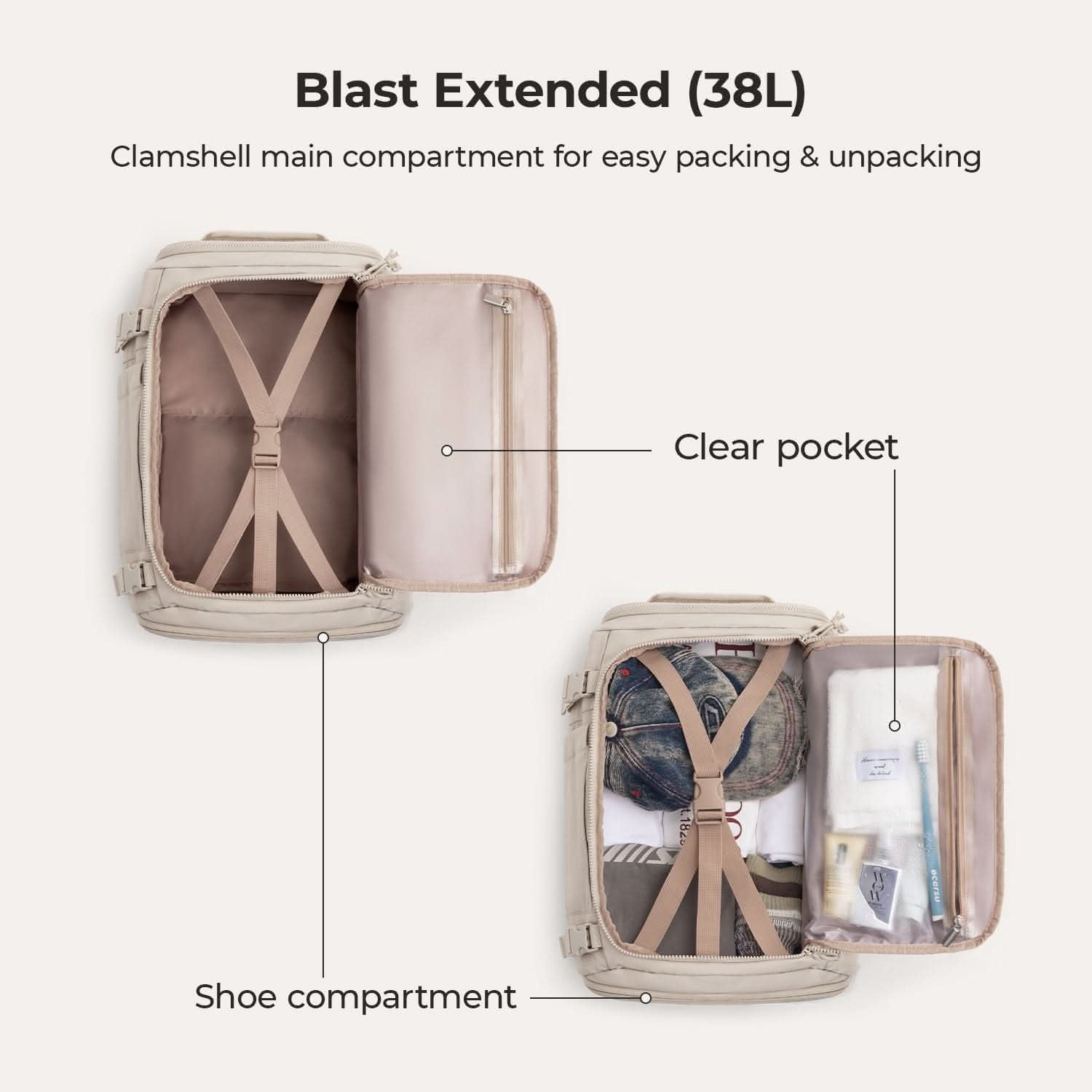 Bagsmart Blast Quick Access Carry On Travel Backpack Extended 38L (Beige)