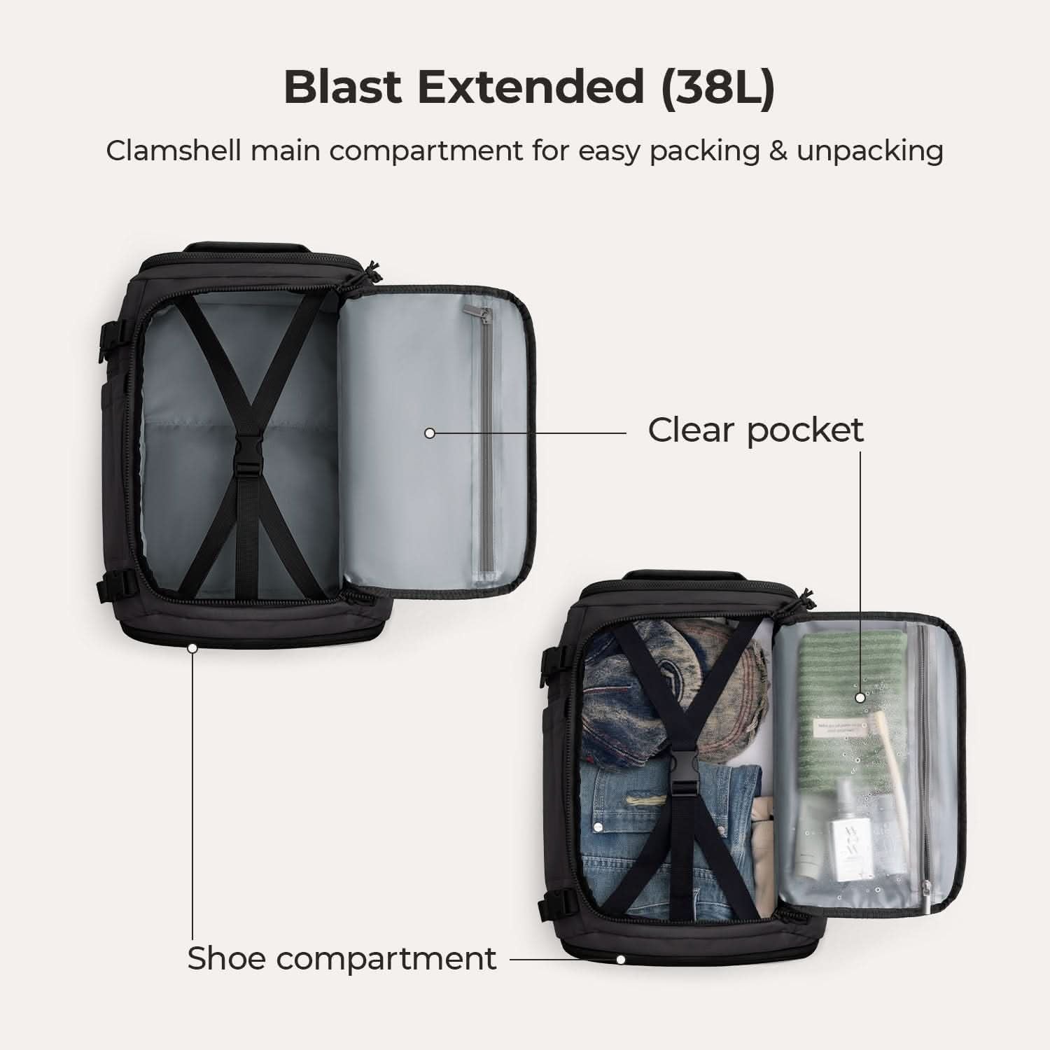 Bagsmart Blast Quick Access Carry On Travel Backpack Extended 38L (Black)