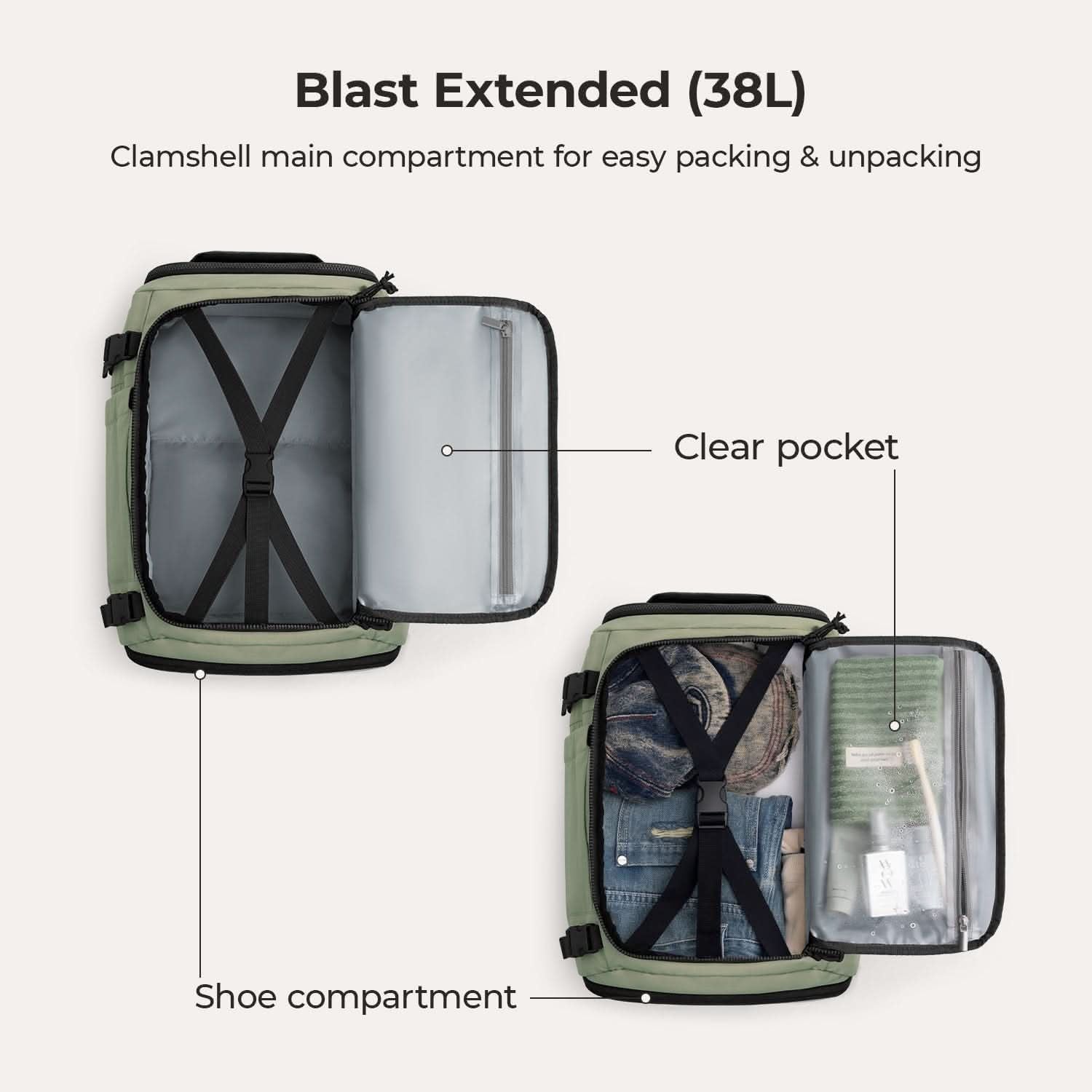 Bagsmart Blast Quick Access Carry On Travel Backpack Extended 38L (Mossy)
