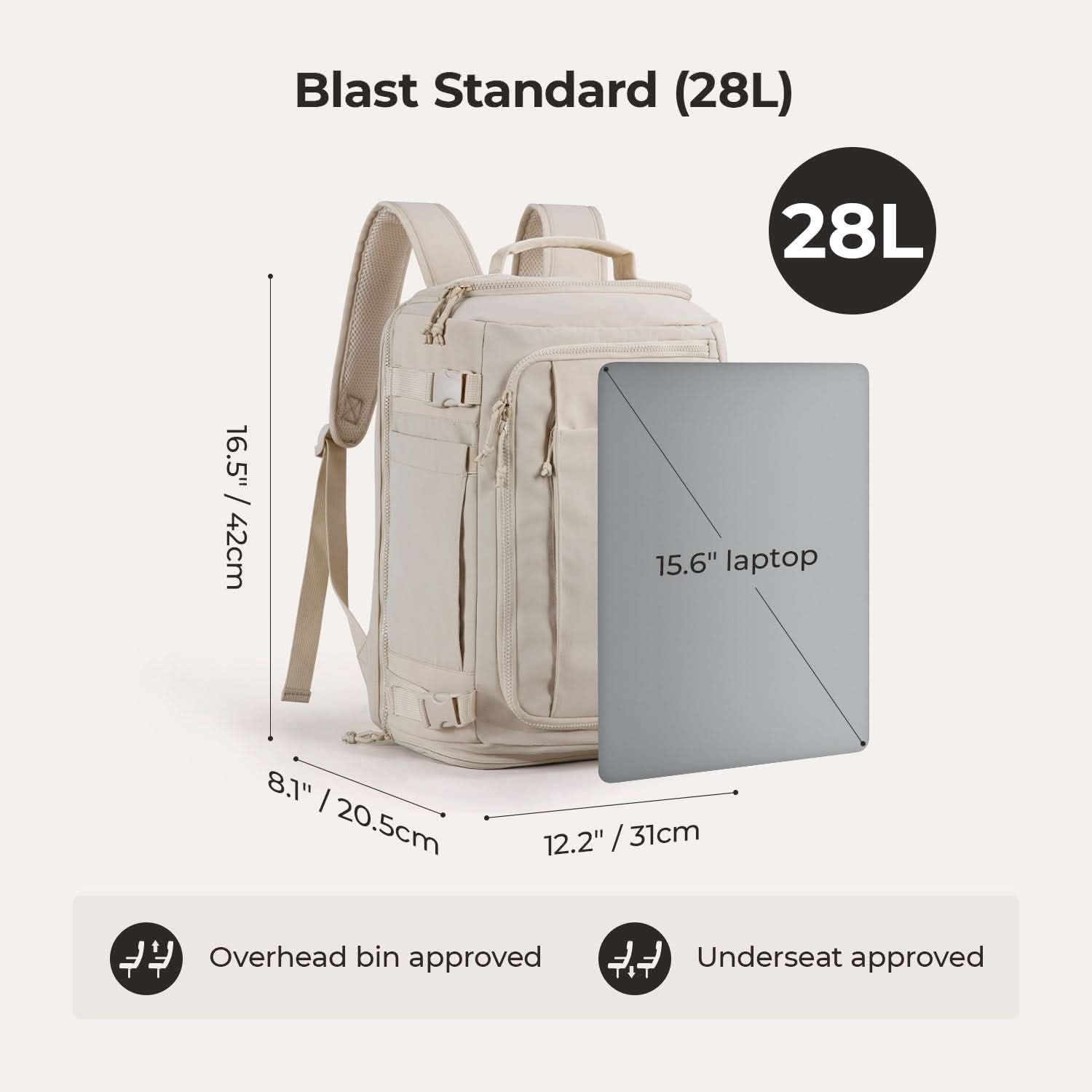 Bagsmart Blast Quick Access Carry On Travel Backpack Standard 28L (Beige)