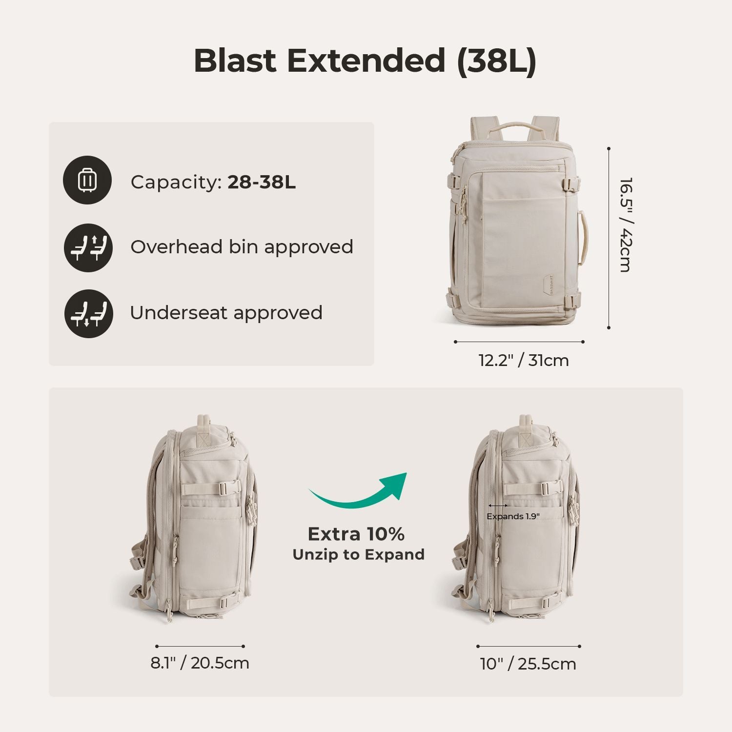Bagsmart Blast Quick Access Carry On Travel Backpack Standard 28L (Beige)