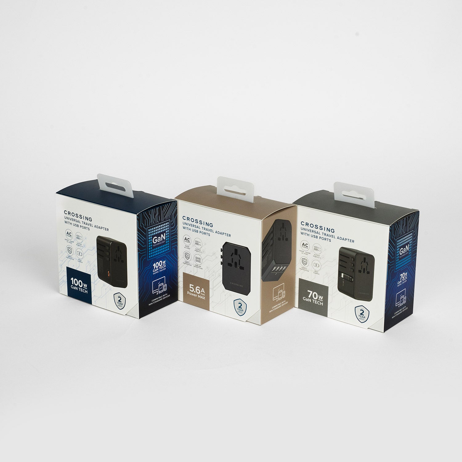 Crossing World Travel Adaptor 70W with 2 X USB-A + 2 X USB-C with Built-In Type C Cable - Black