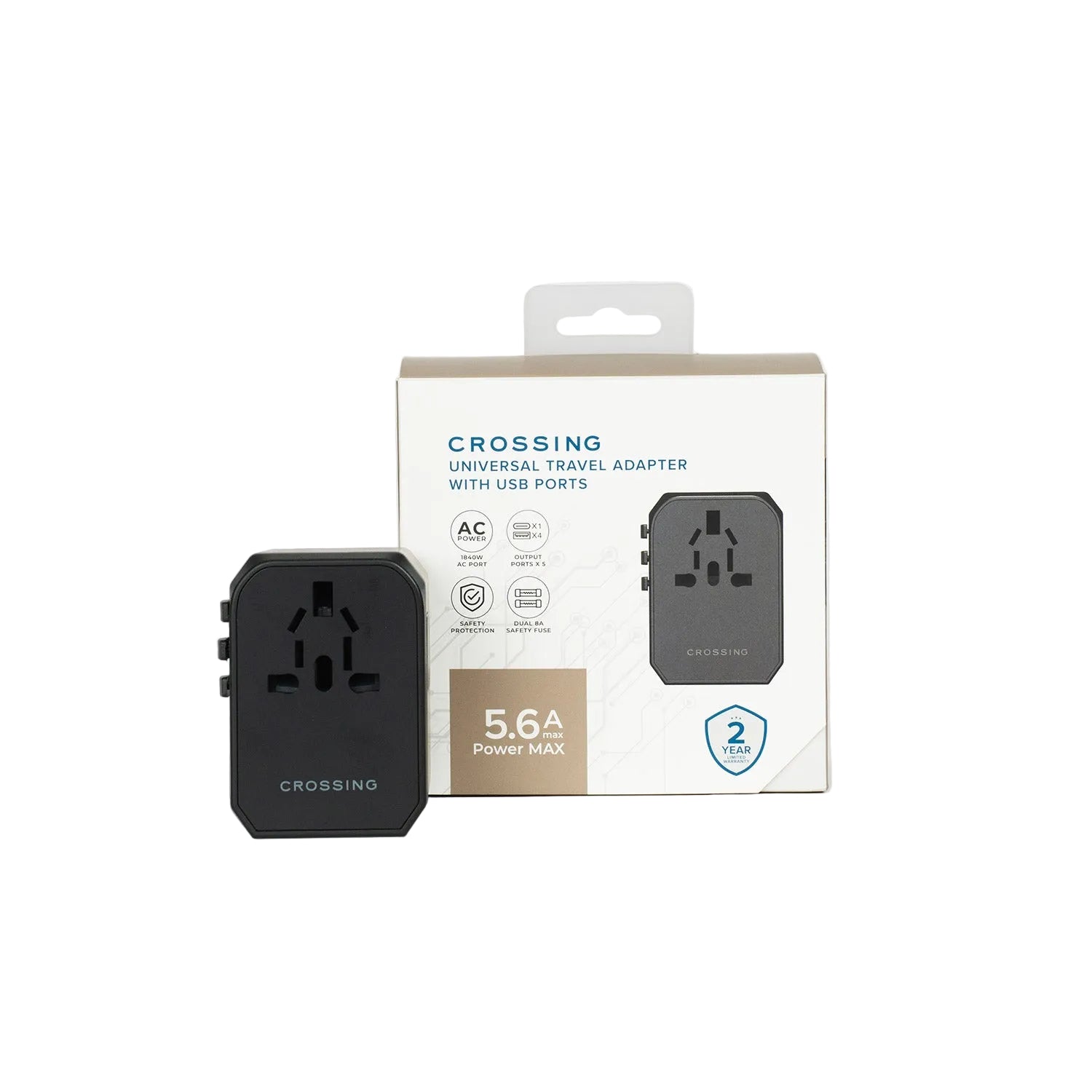Crossing World Travel Adaptor with 4 X USB and 1 X USB-C - Black