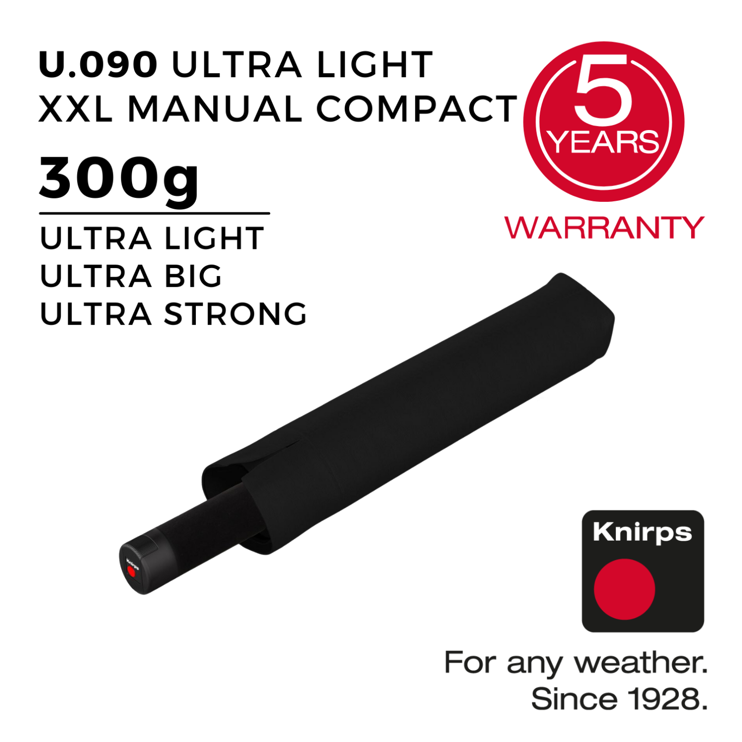 Knirps U.090 Ultralight XXL Manual Compact (UV Protection) - Black / Black Inner Coating