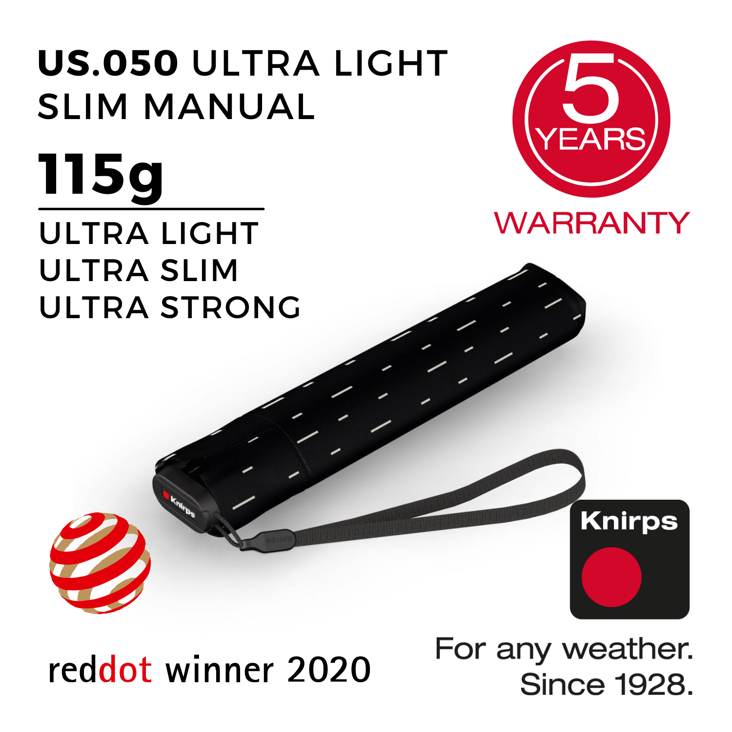 Knirps US.050 Ultra Light Slim Manual Umbrella - Rain Black