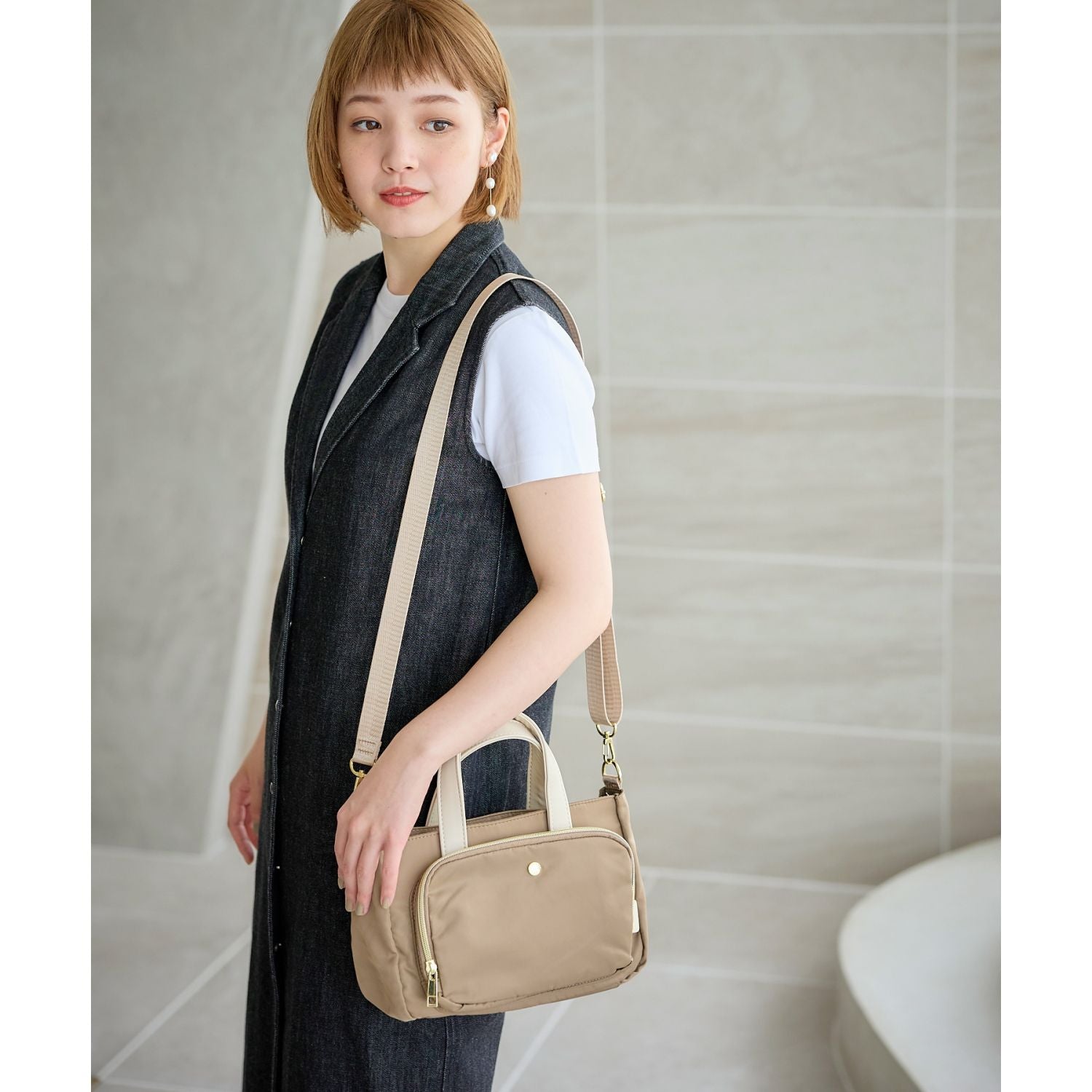 Legato Largo One Mile 2Way Wallet Shoulder Bag (Grey Beige)