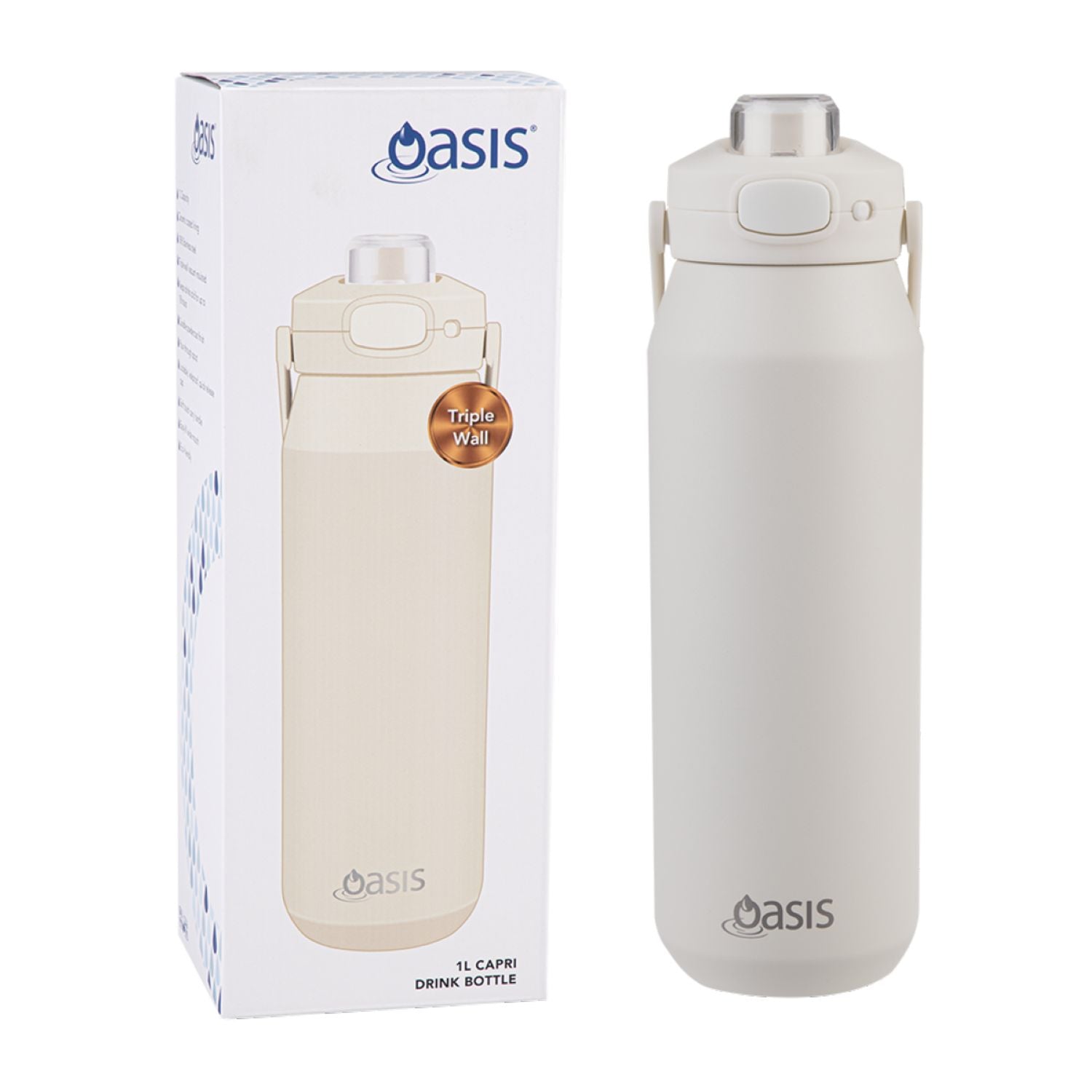 Oasis Ceramic Stainless Steel Triple Wall Capri Quick Release Drink Bottle 1L - Alabaster
