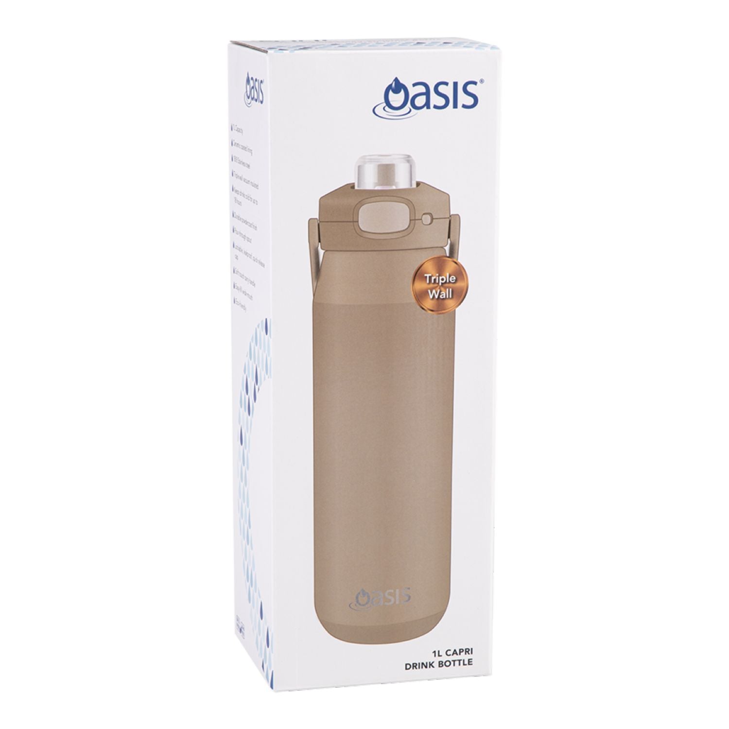 Oasis Ceramic Stainless Steel Triple Wall Capri Quick Release Drink Bottle 1L - Latte