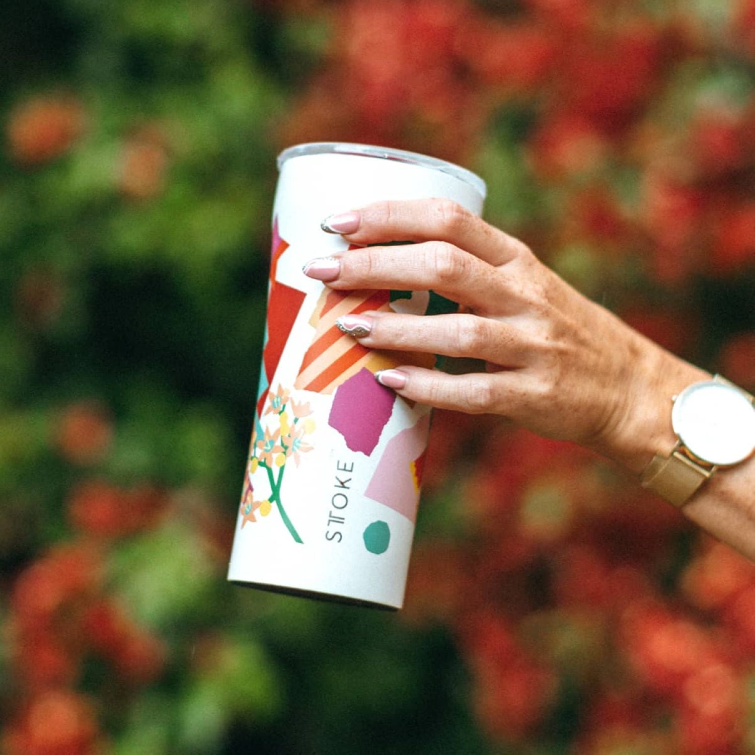STTOKE Leah Summer Blooms Leakproof Ceramic Insulated Cup 16oz - White
