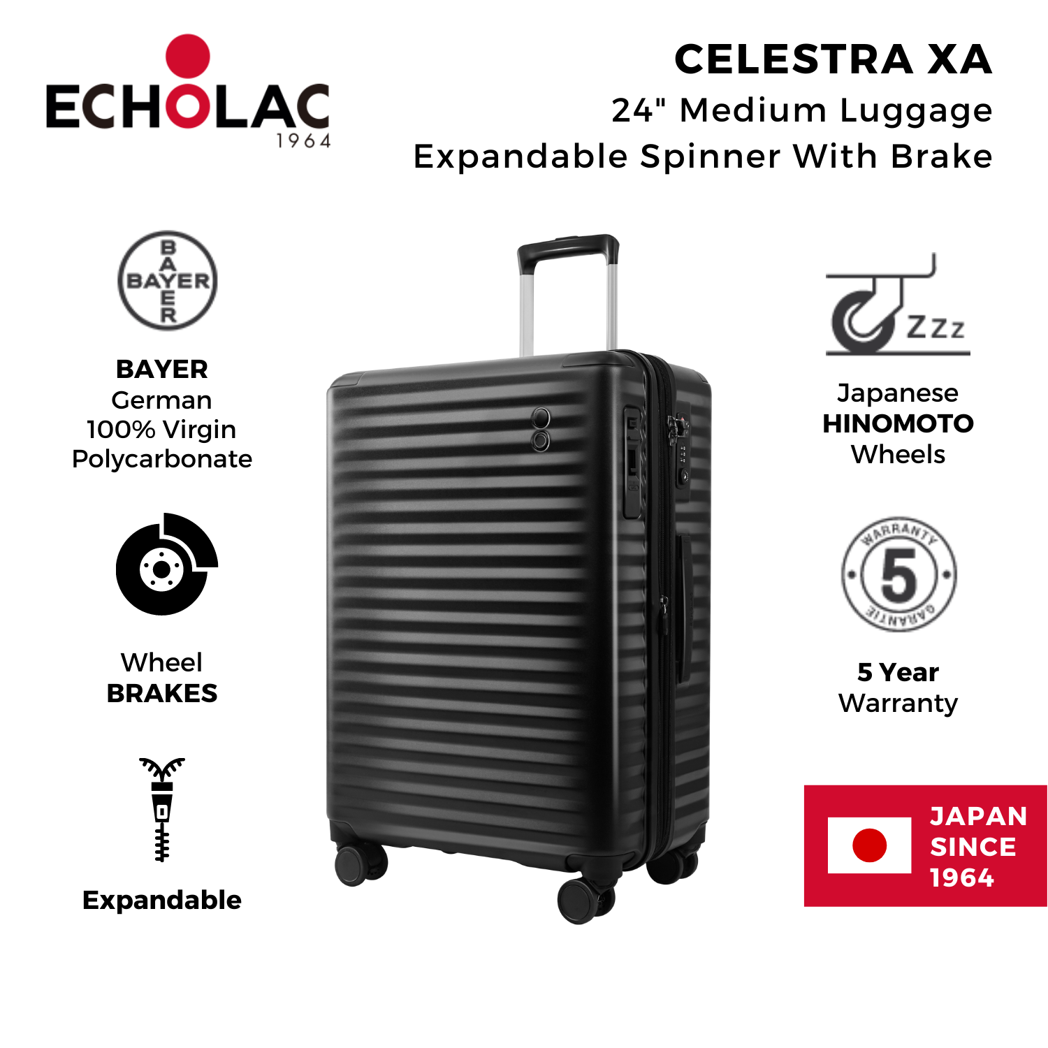 Echolac Celestra XA 24" Medium Luggage Expandable Spinner With Brake (Black)
