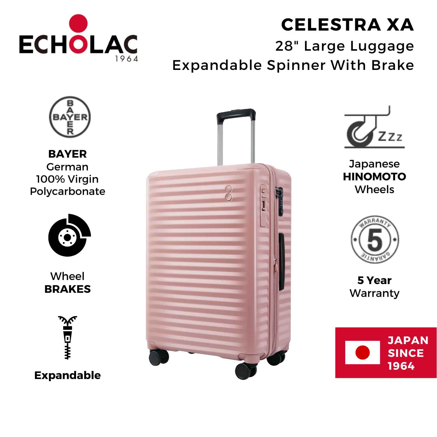 Echolac Celestra XA 28" Large Luggage Expandable Spinner With Brake (Pink)