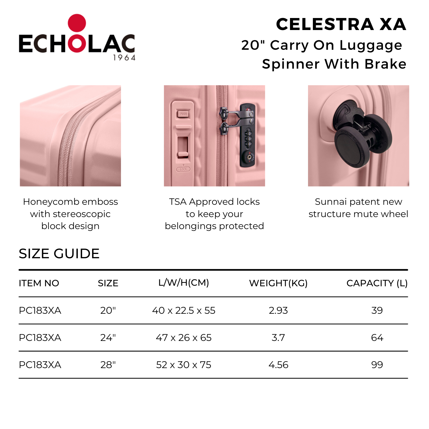 Echolac Celestra XA 20" Carry On Luggage Spinner With Brake (Black)