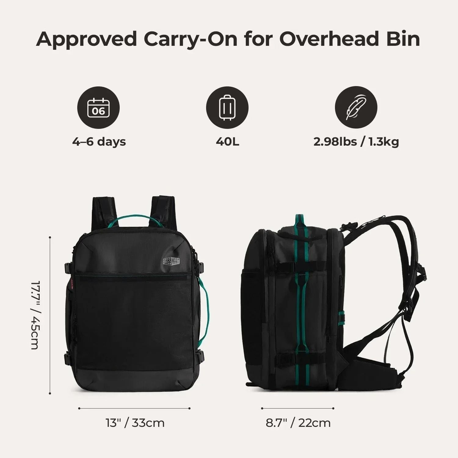 Bagsmart Blast Pro Quick Access Carry On Travel Backpack 40L (Black)