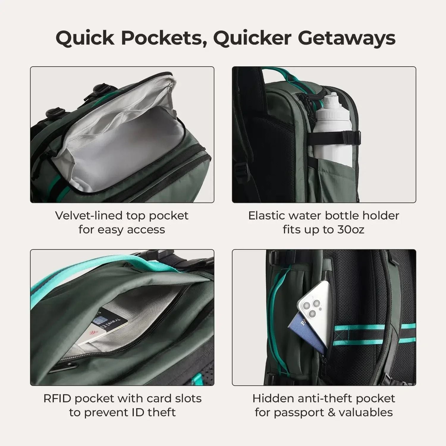 Bagsmart Blast Pro Quick Access Carry On Travel Backpack 40L (Green Smoke)