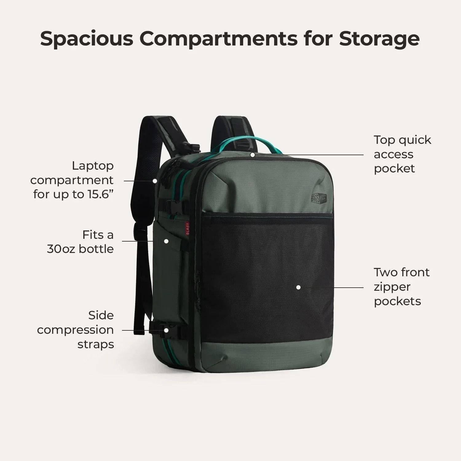 Bagsmart Blast Pro Quick Access Carry On Travel Backpack 40L (Green Smoke)