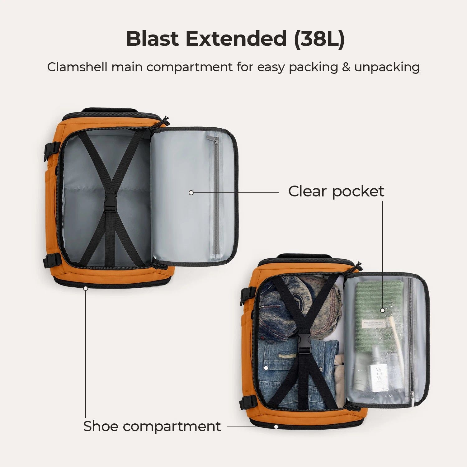 Bagsmart Blast Quick Access Carry On Travel Backpack Extended 38L (Tangerine)