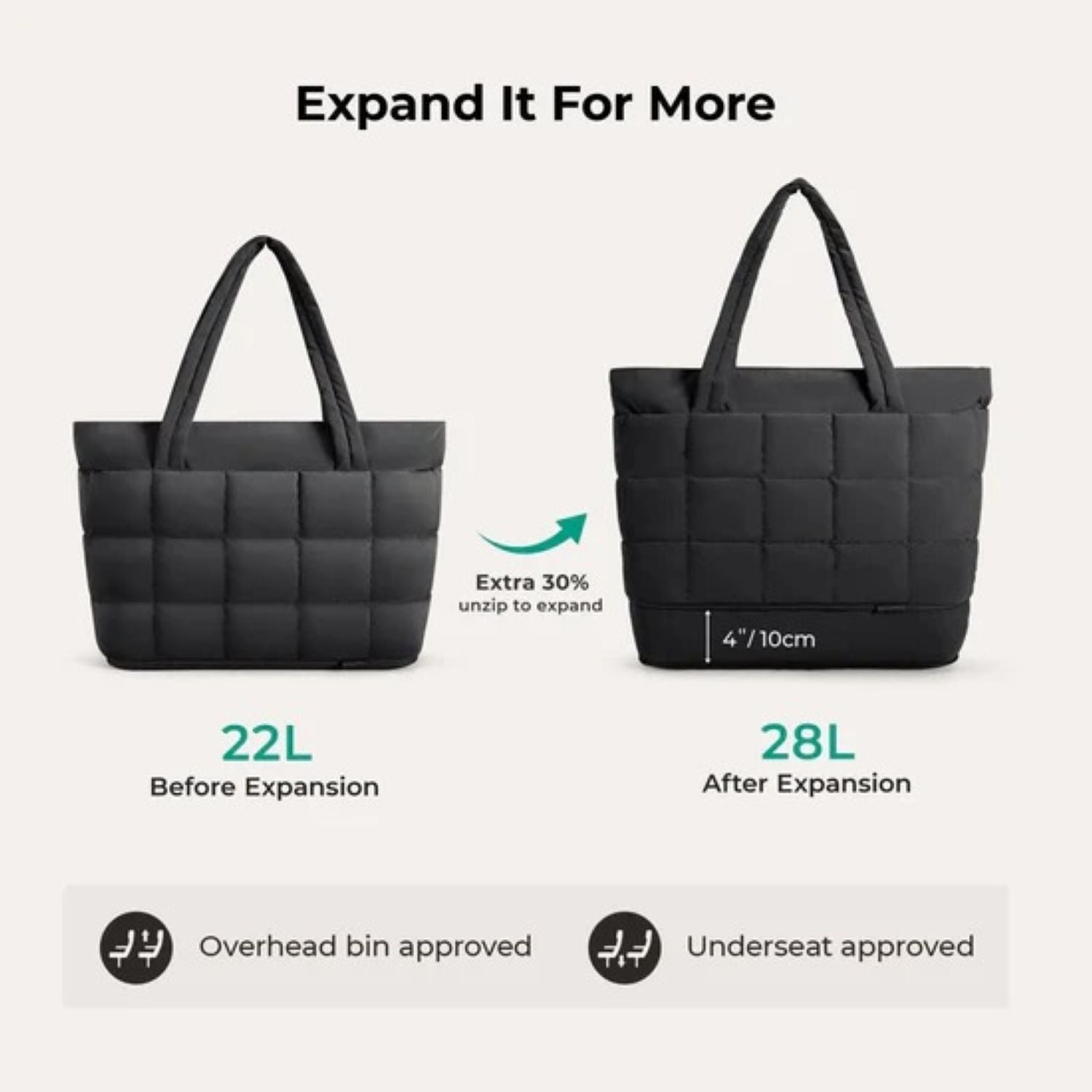 Bagsmart Bubble Puffer Tote 22L - 28L (Black)
