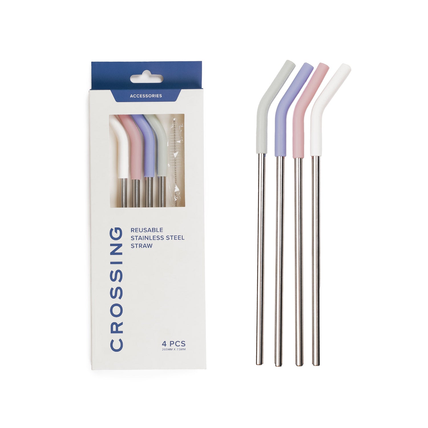 Crossing Reusable Stainless Steel Straw 4-Pc Set - Cotton/Dusty Rose/Heirloom Blue/Pistachio