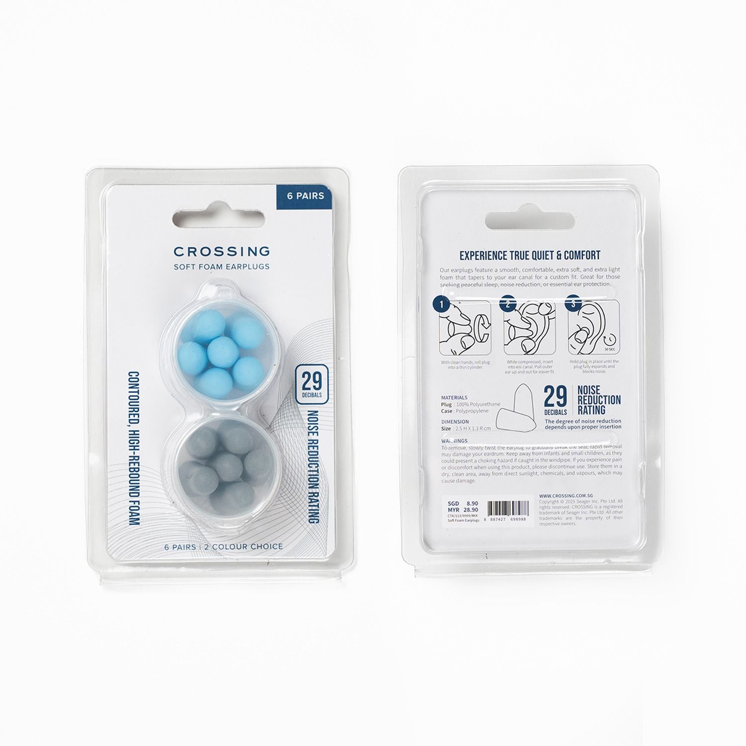 Crossing Soft Foam Earplugs 6 Pairs - Blue/Grey