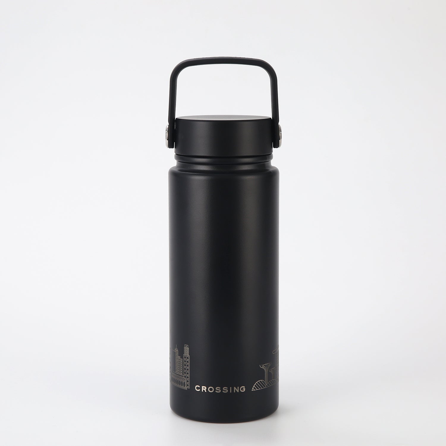 Crossing Urban Ceramic S/S Insulated Flat Cap Bottle With Handle 600ml - Skyline Singapore (Black)
