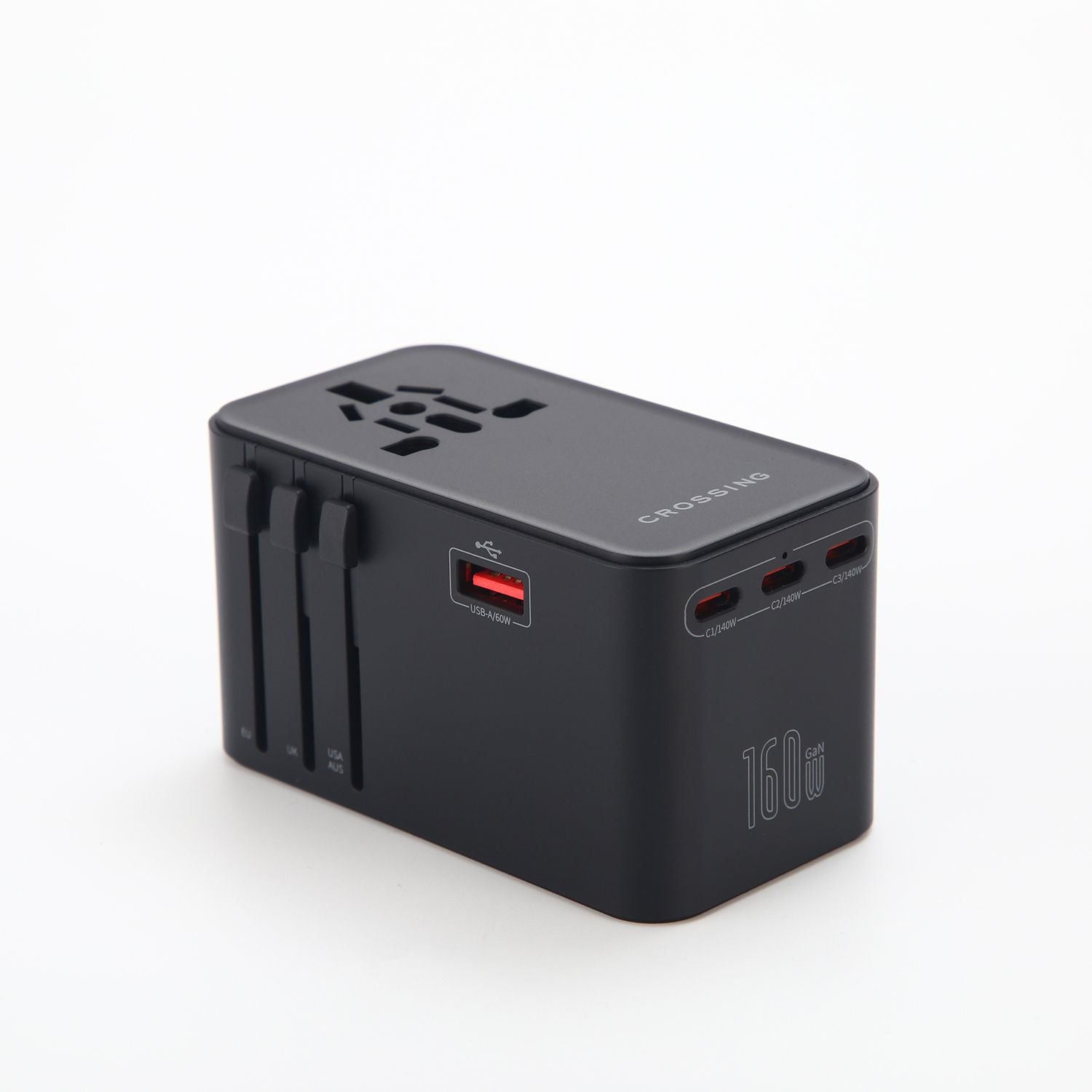 Crossing World Travel Adaptor 160W with 1 X USB-A + 3 X USB-C with Built-In Type C Cable - Black