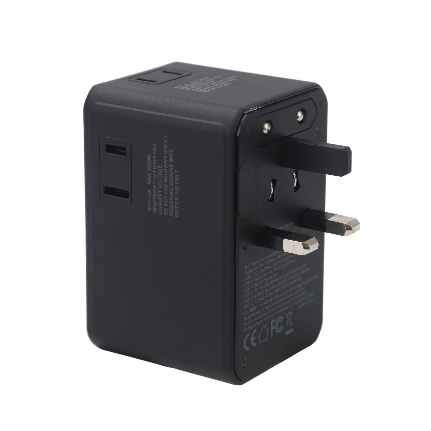 Crossing World Travel Adaptor 70W Pro With 2 X USB-A + 2 X USB-C With Built-In Type C Cable - Black