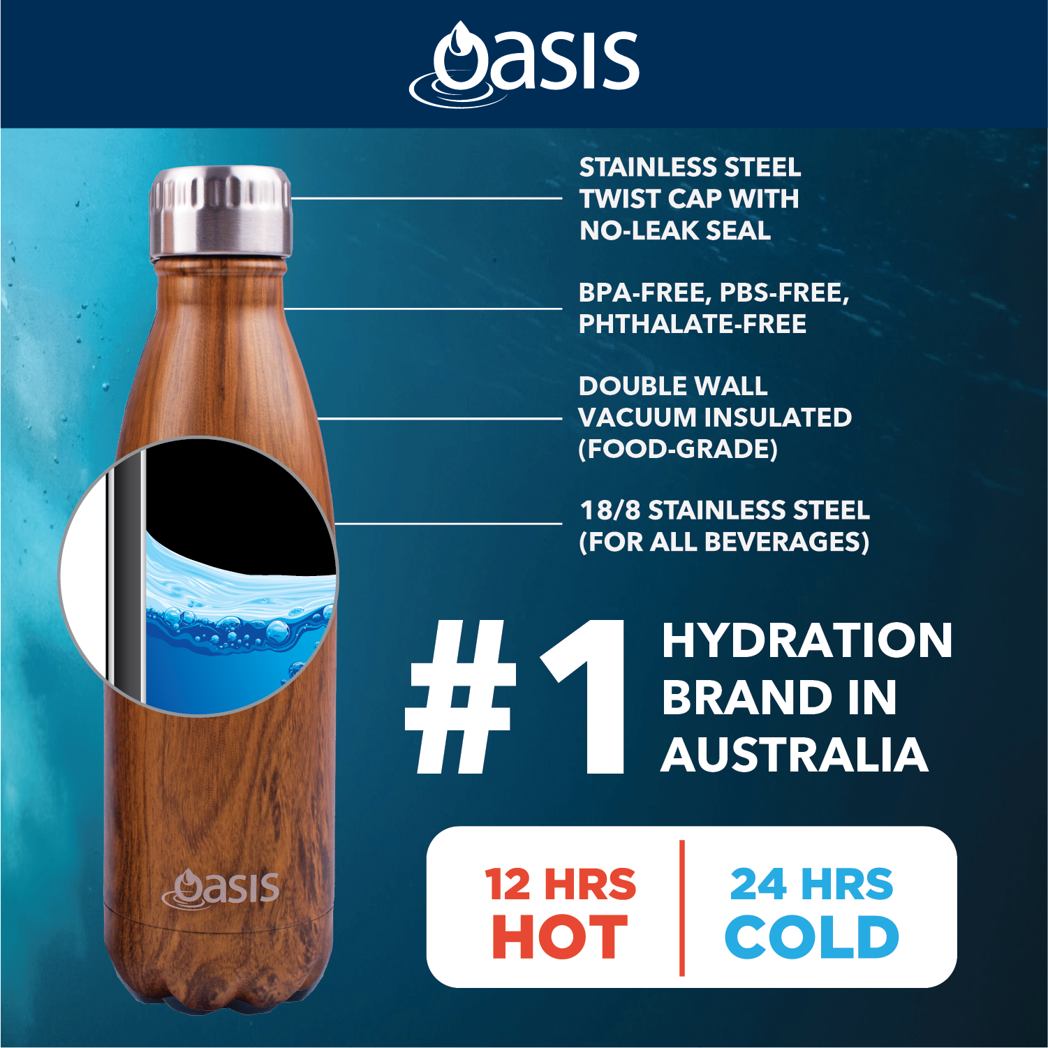 Oasis Stainless Steel Insulated Water Bottle 750ML - Matte Black