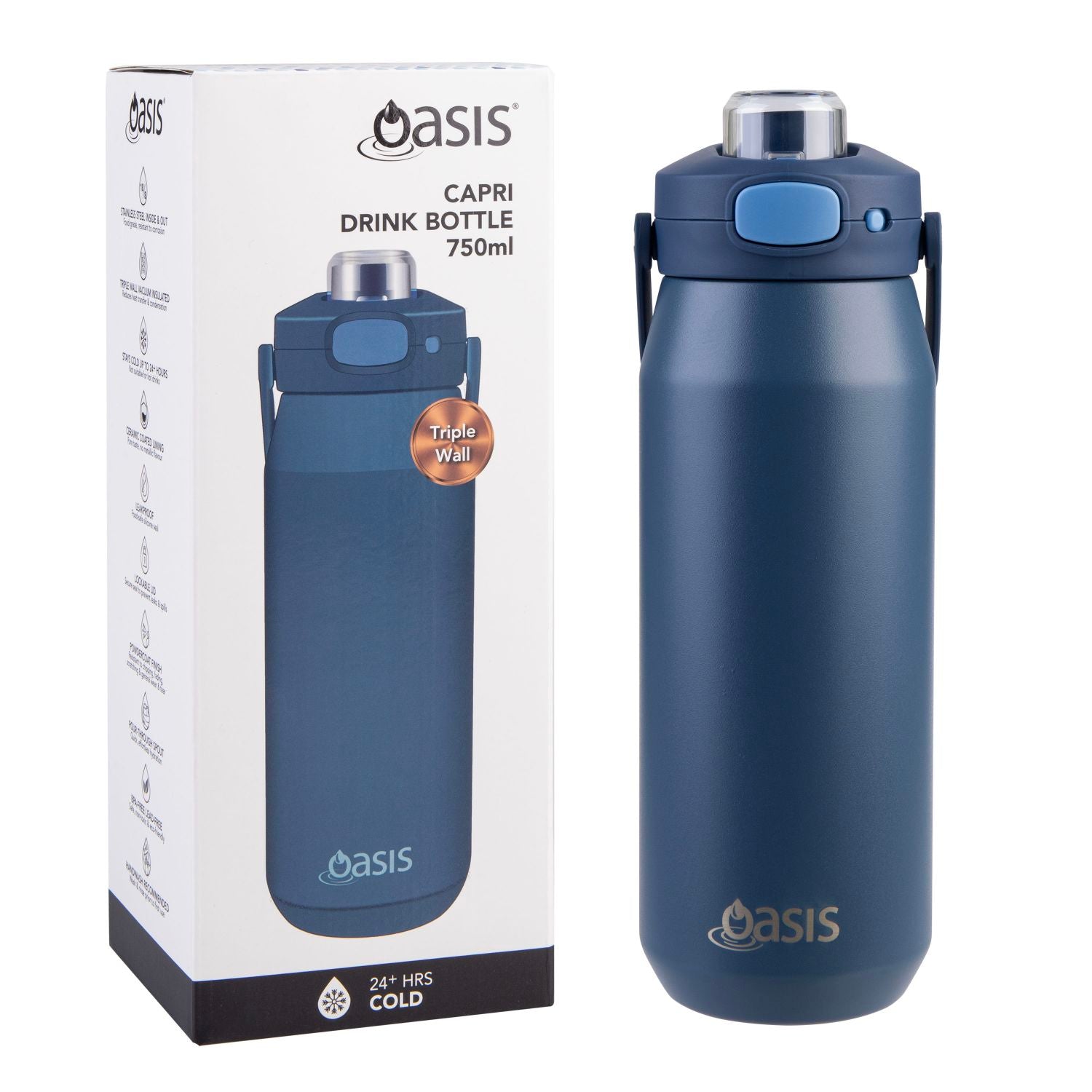 Oasis Ceramic S/S Triple Wall Capri Quick Release Drink Bottle 750ML - Indigo