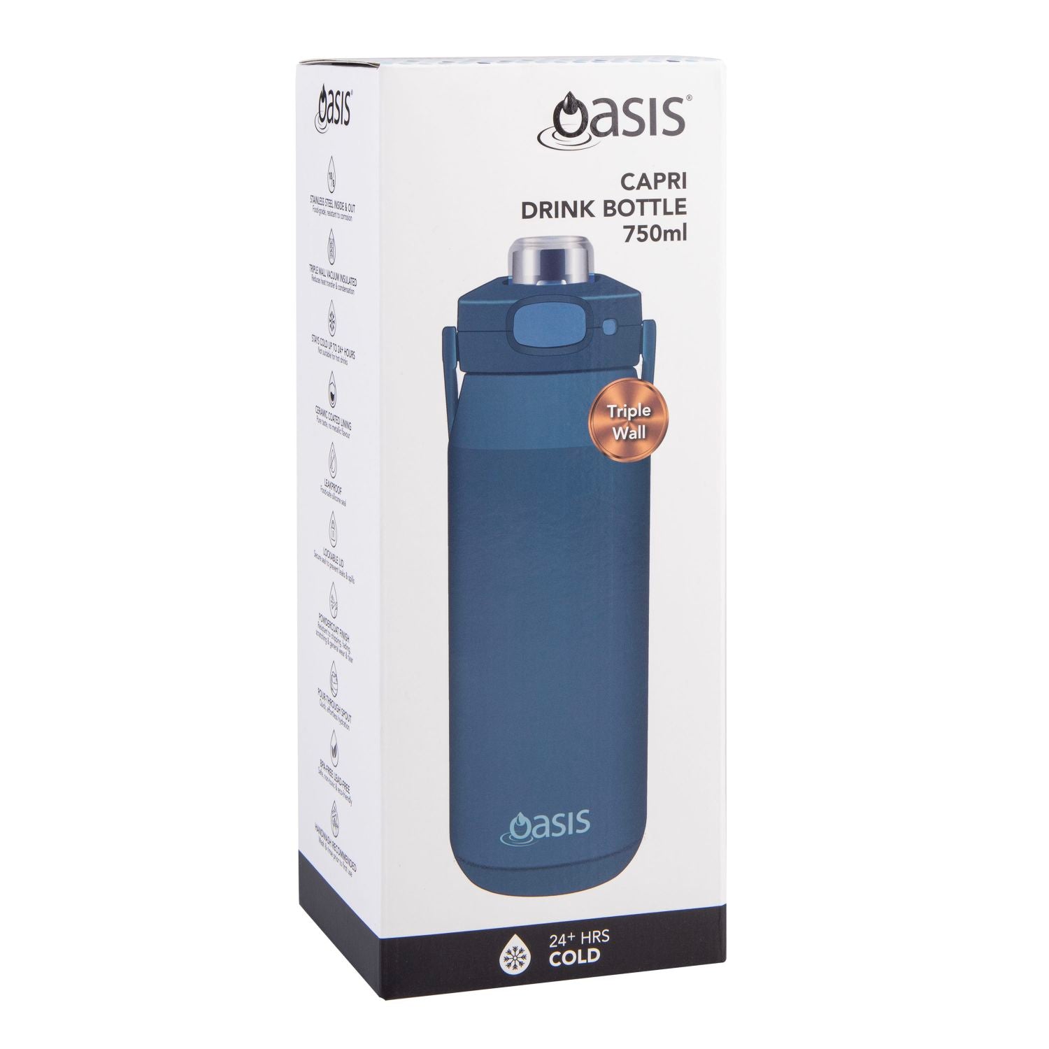 Oasis Ceramic S/S Triple Wall Capri Quick Release Drink Bottle 750ML - Indigo