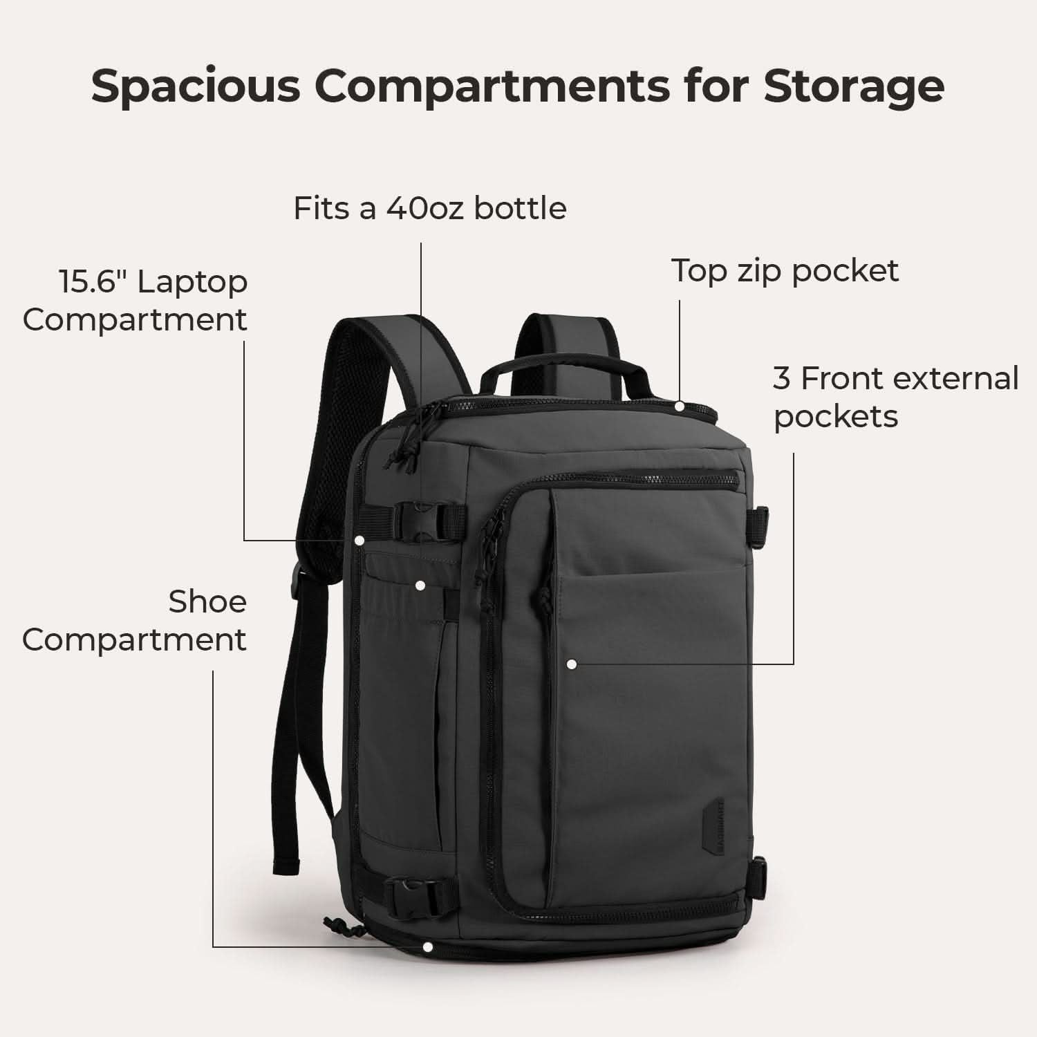 Bagsmart Blast Quick Access Carry On Travel Backpack Extended 38L (Black)