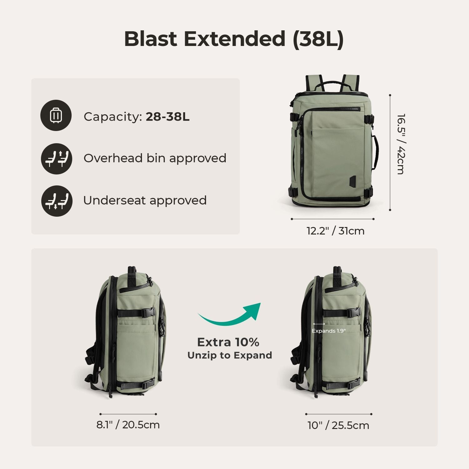 Bagsmart Blast Quick Access Carry On Travel Backpack Extended 38L (Mossy)