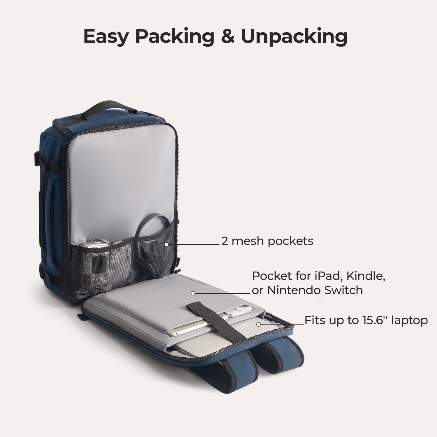 Bagsmart Blast Quick Access Carry On Travel Backpack Extended 38L (Navy Blue)