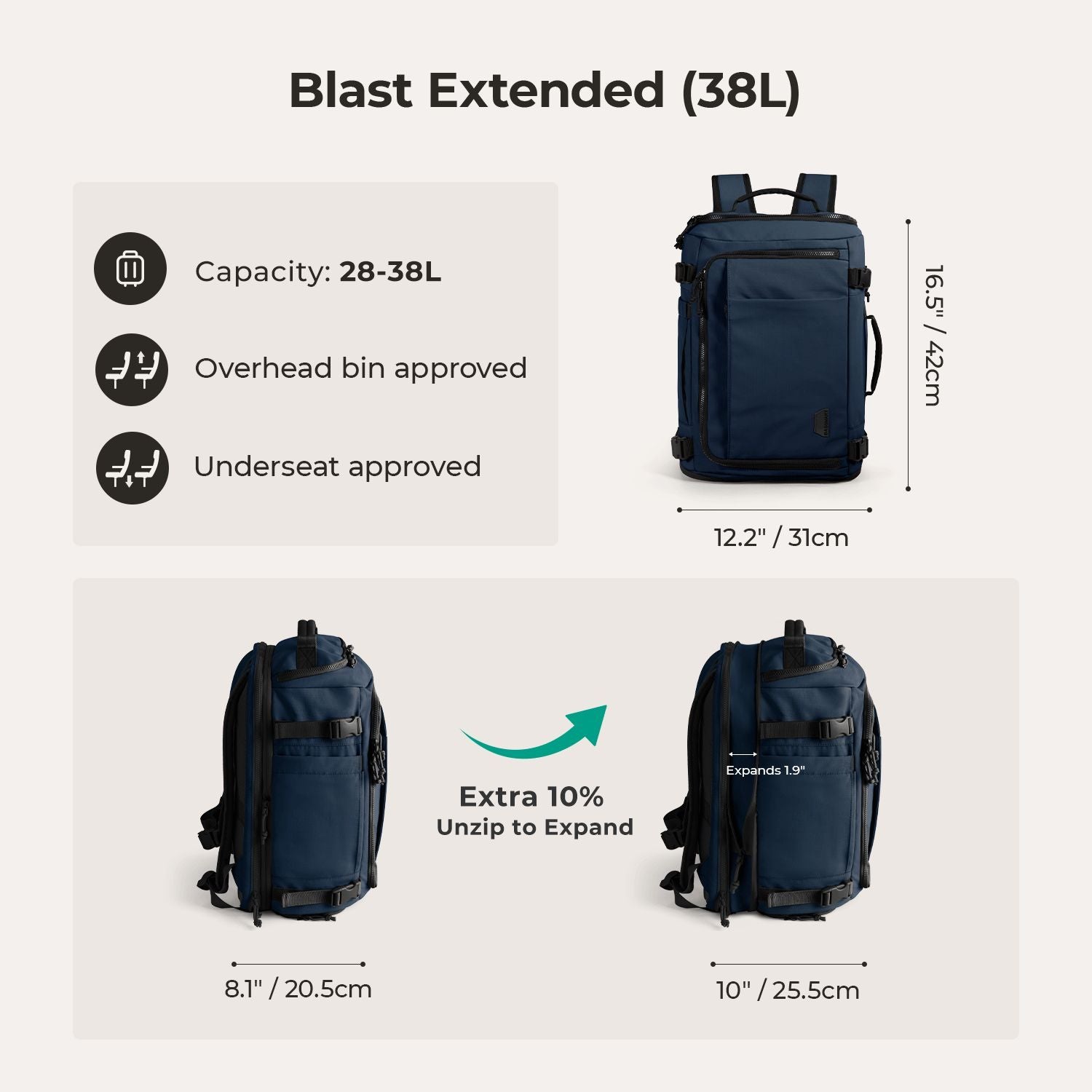 Bagsmart Blast Quick Access Carry On Travel Backpack Extended 38L (Navy Blue)