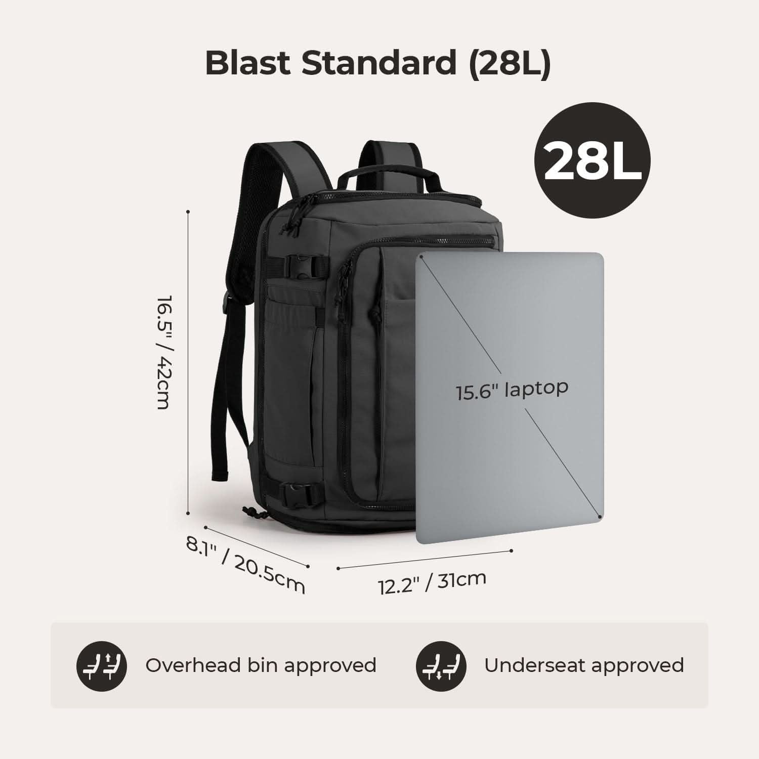 Bagsmart Blast Quick Access Carry On Travel Backpack Standard 28L (Black)