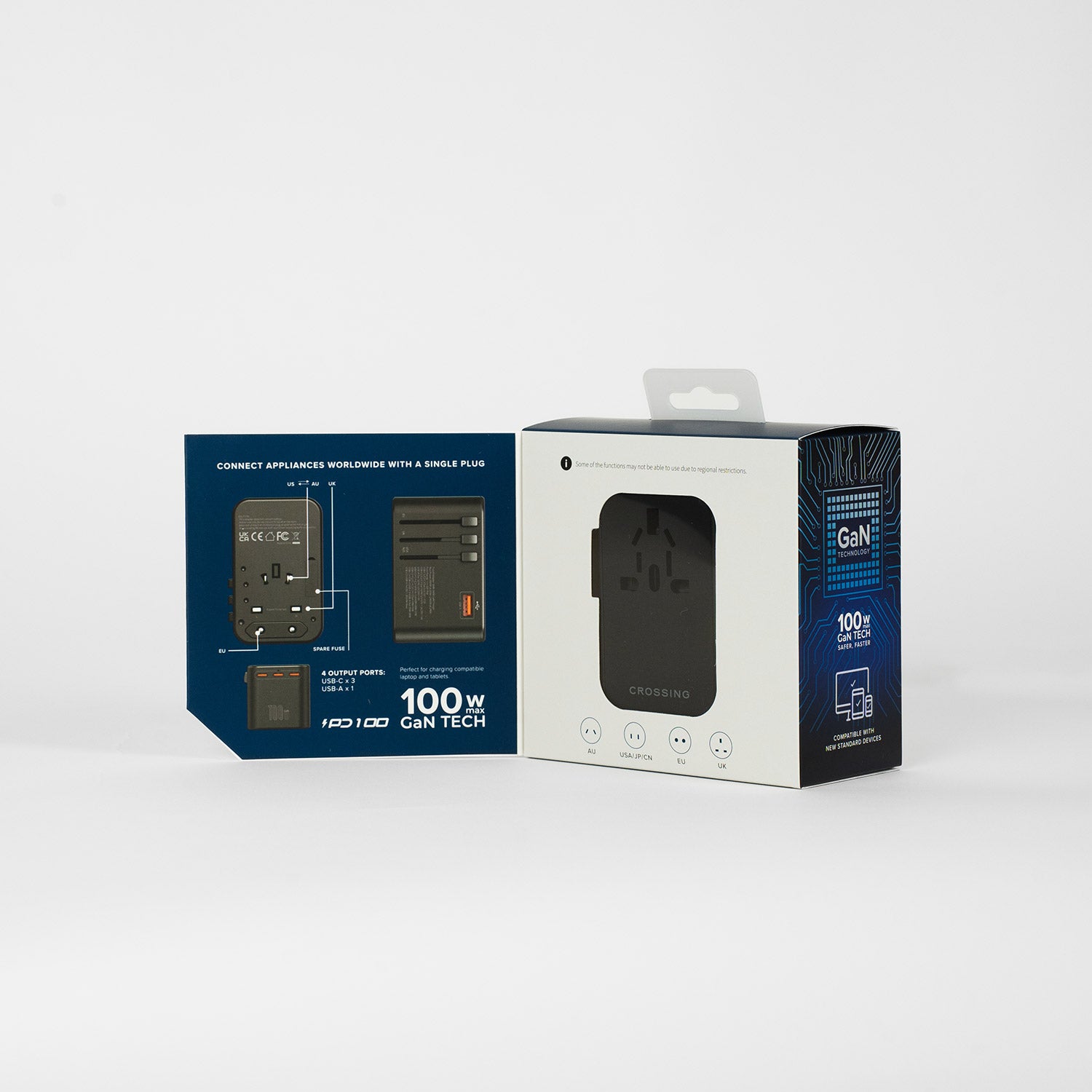 Crossing World Travel Adaptor 100W with 1 X USB-A + 3 X USB-C - Black