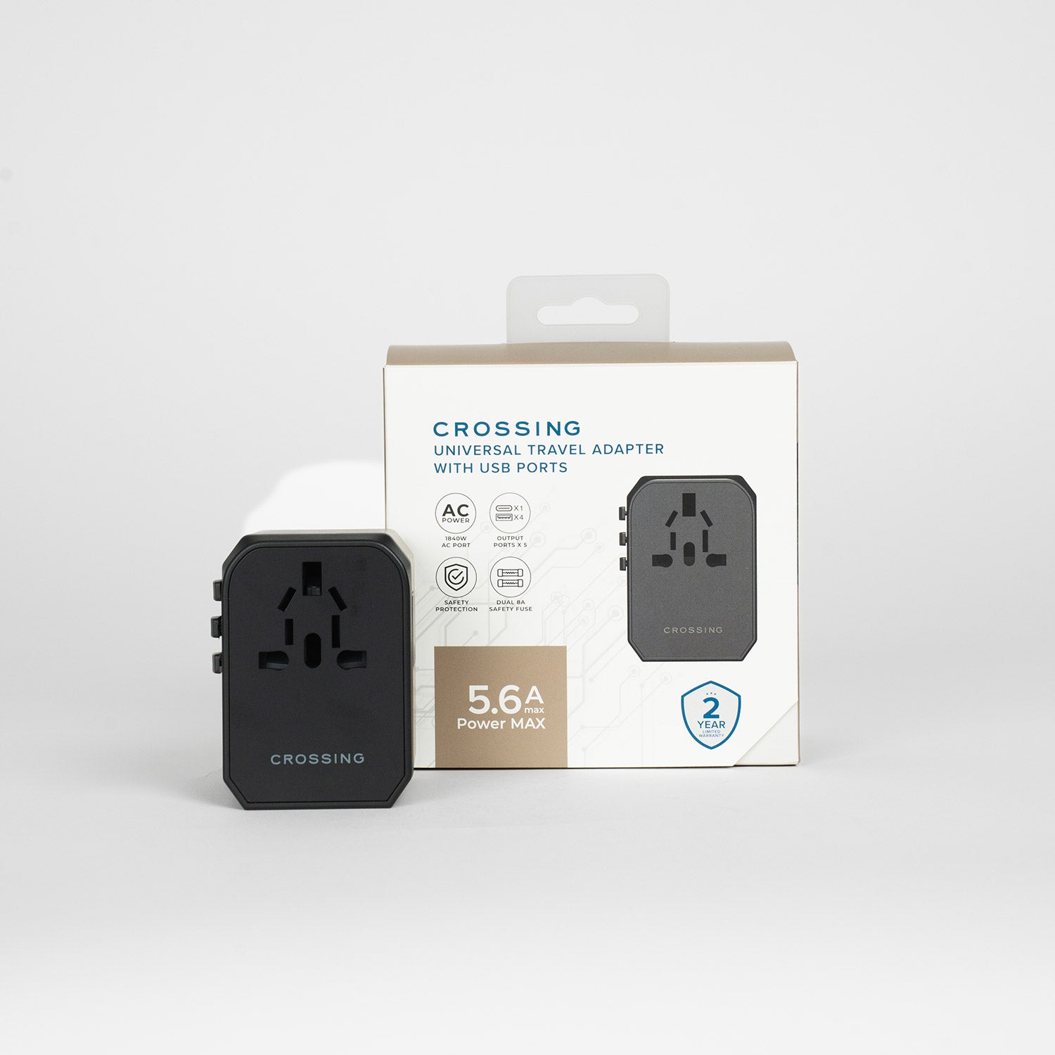 Crossing World Travel Adaptor with 4 X USB and 1 X USB-C - Black