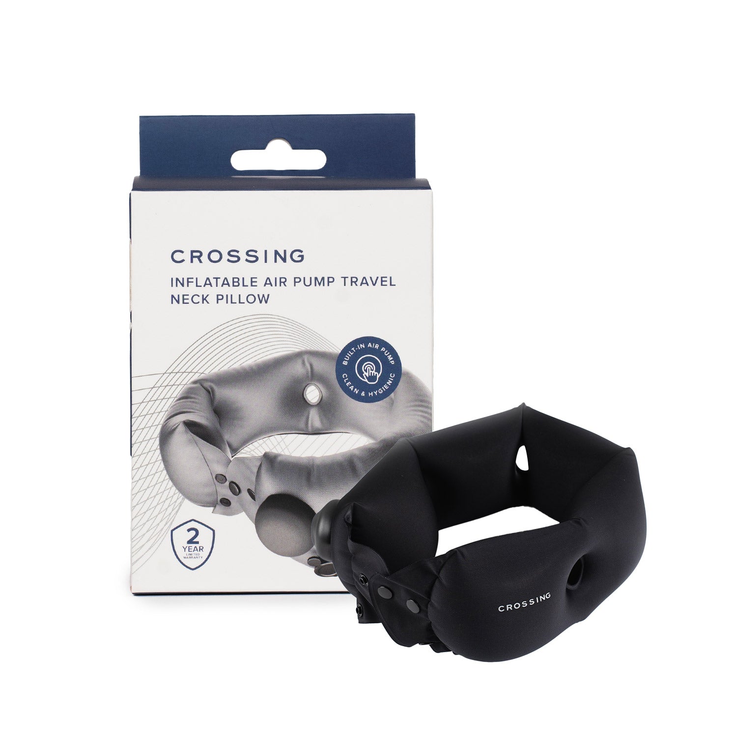 Crossing Inflatable Air Pump Neck Travel Pillow - Black