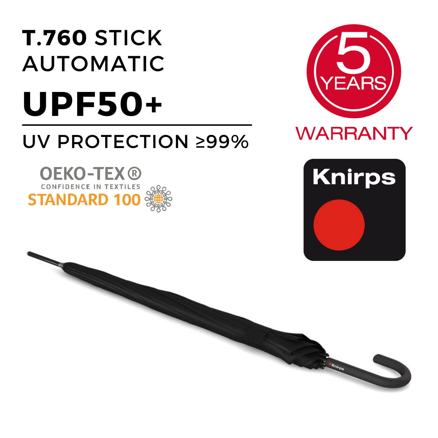 Knirps T.760 Stick Automatic Umbrella (UV Protection) - Black