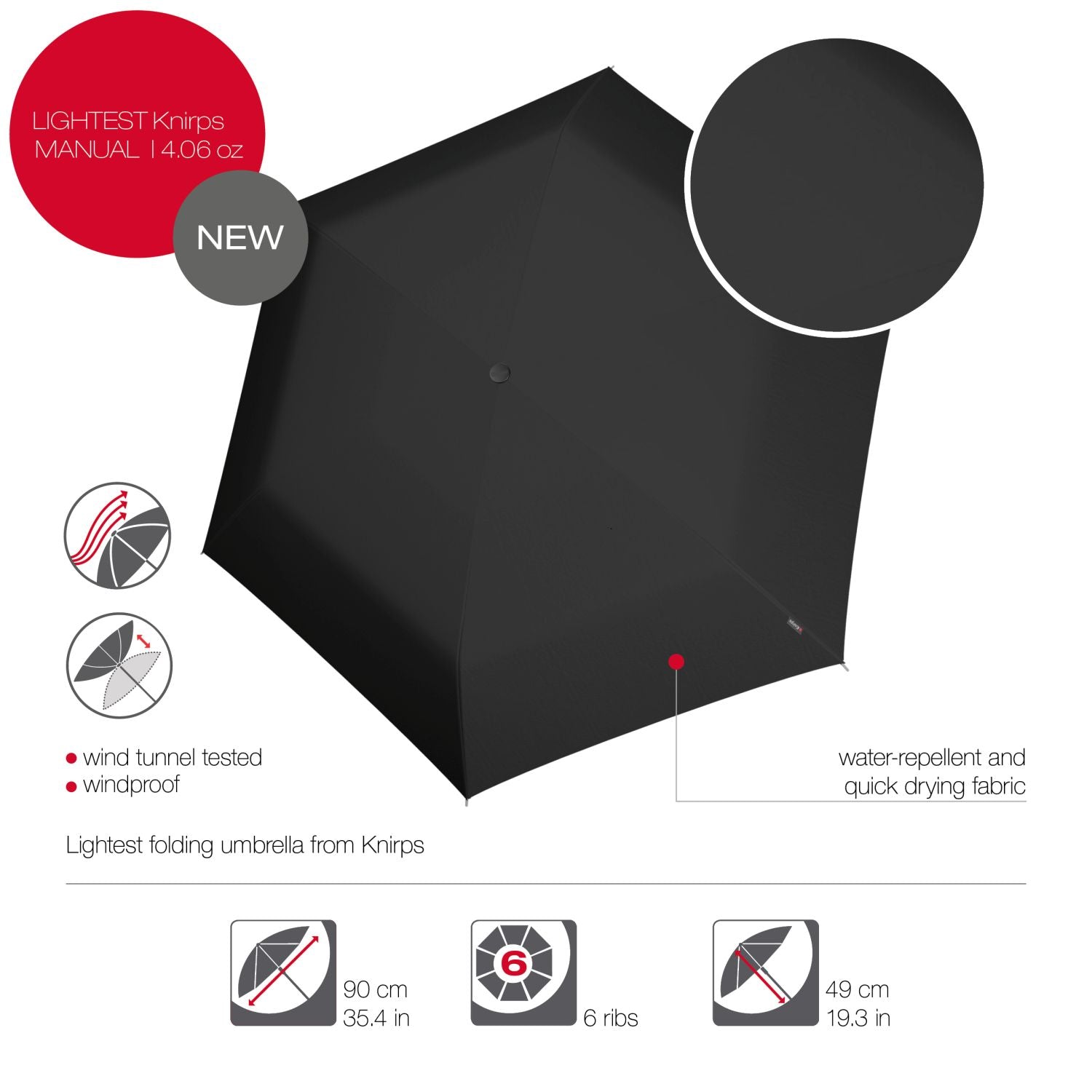 Knirps US.050 Ultra Light Slim Manual Umbrella - Black