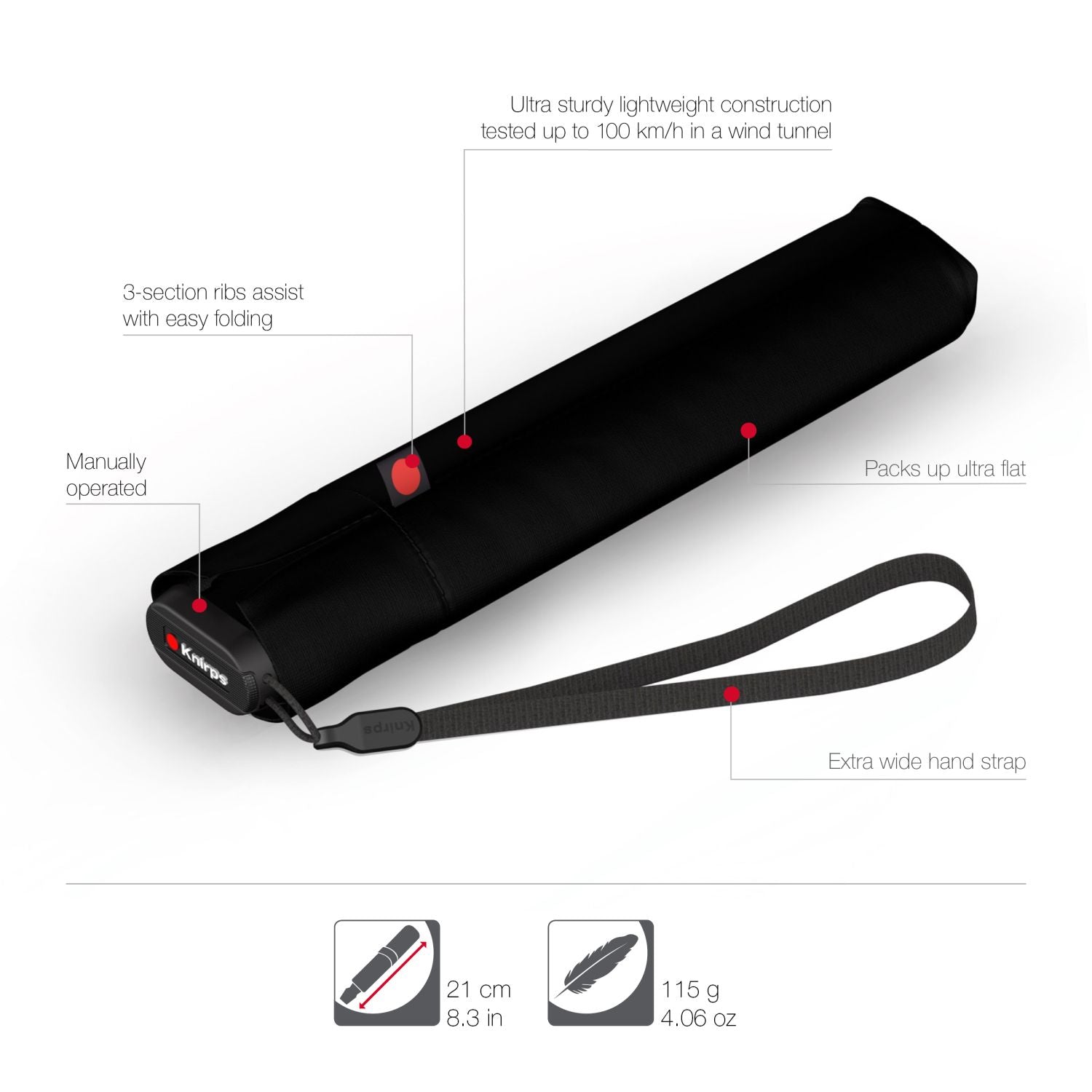 Knirps US.050 Ultra Light Slim Manual Umbrella - Black