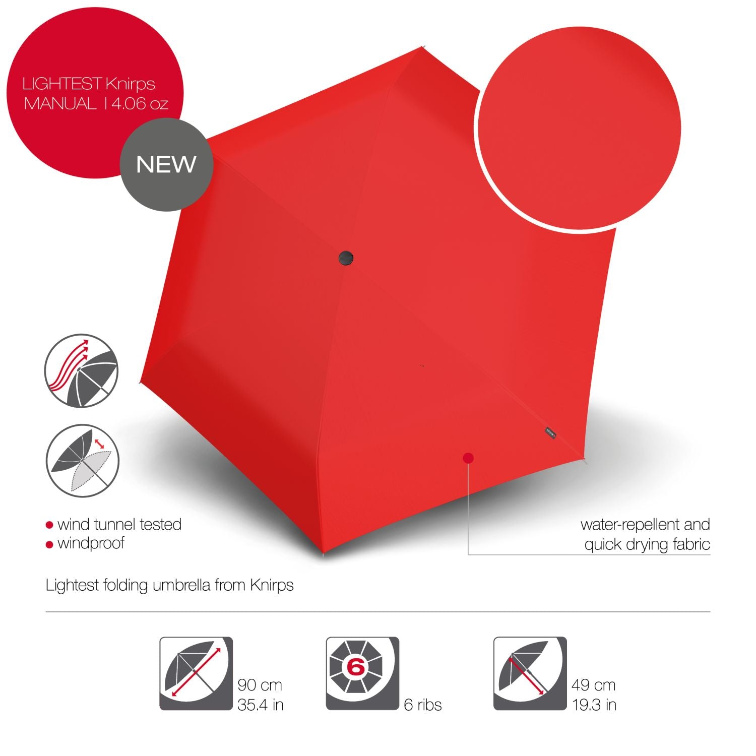 Knirps US.050 Ultra Light Slim Manual Umbrella - Red