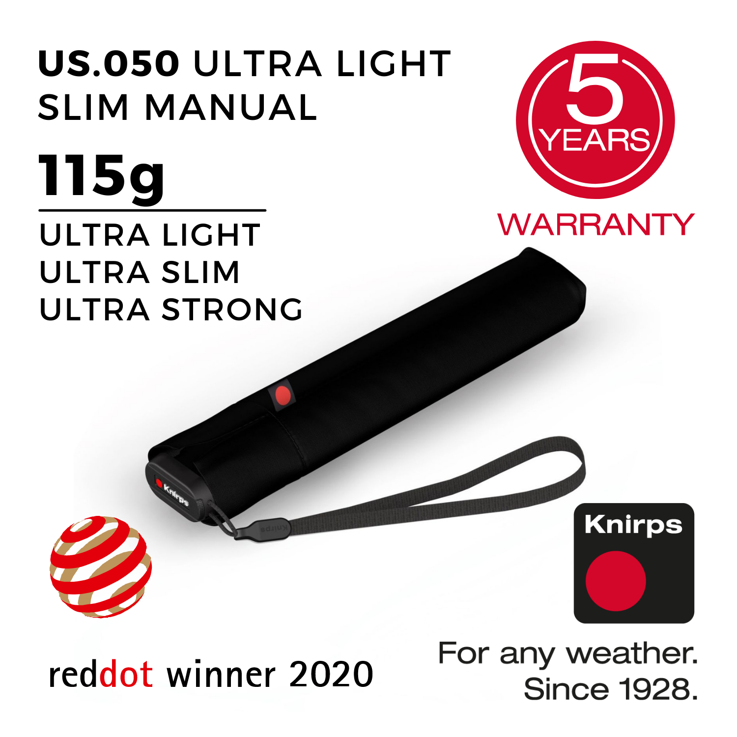 Knirps US.050 Ultra Light Slim Manual Umbrella - Black