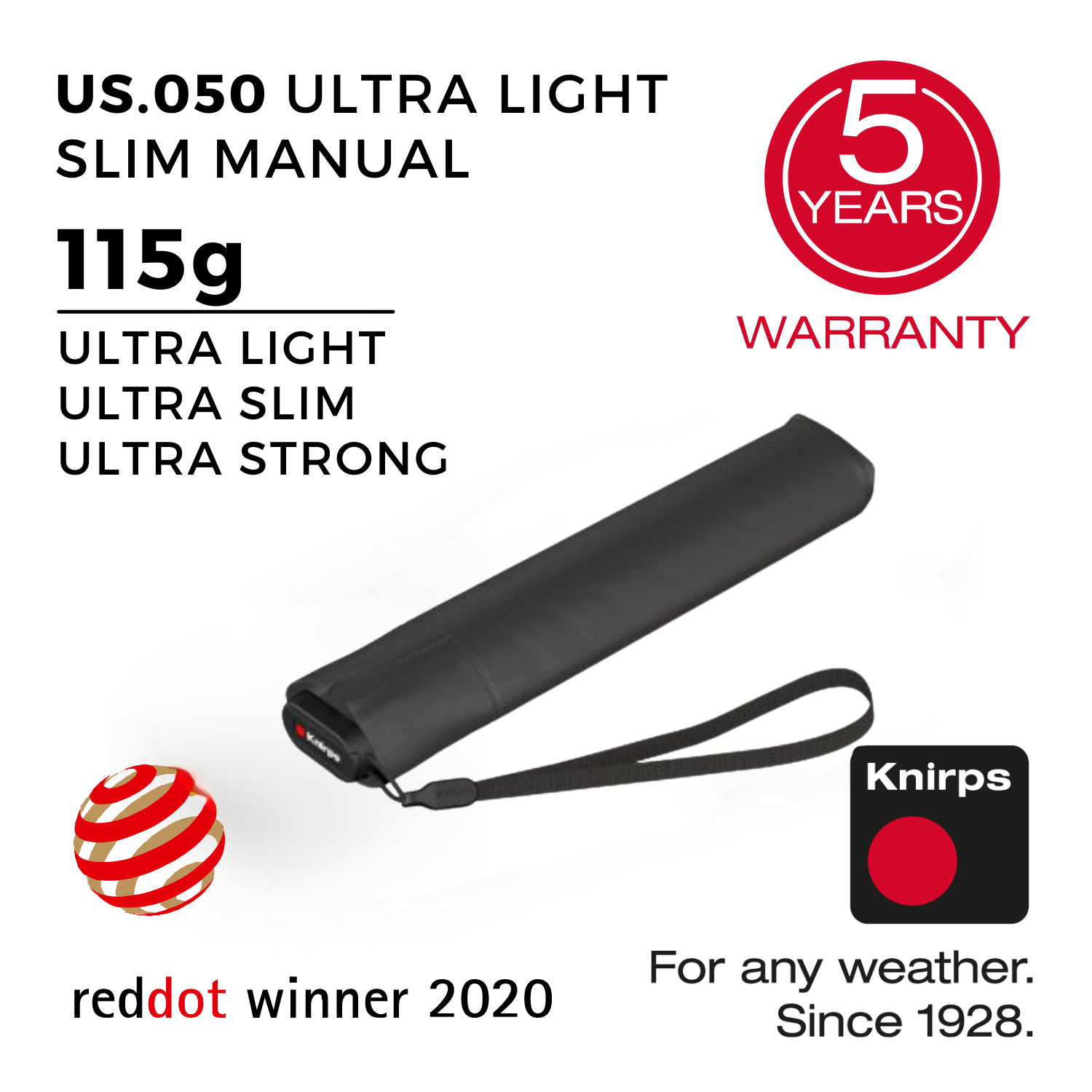 Knirps US.050 Ultraslim Manual Umbrella - Dark Grey