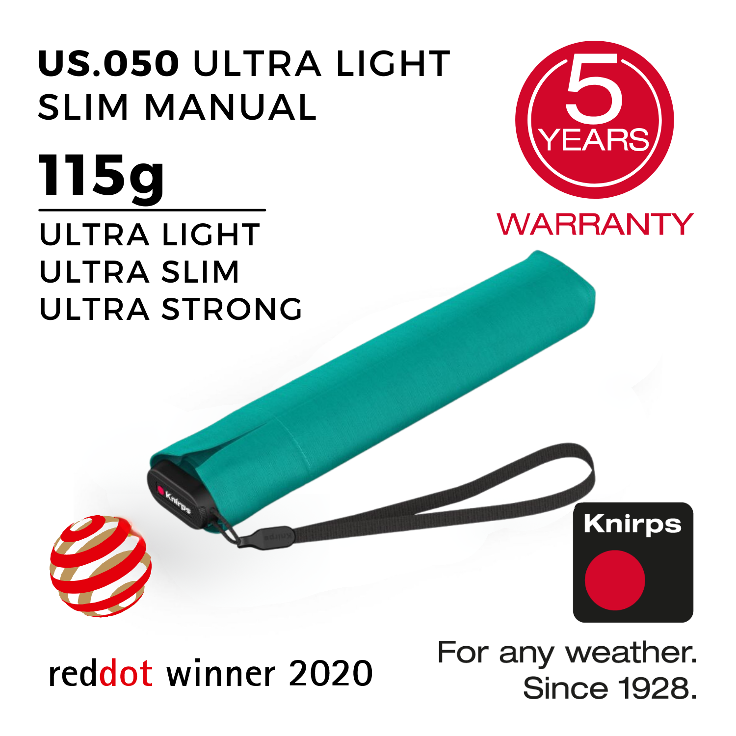 Knirps US.050 Ultraslim Manual (UV Protection) - Turquoise / Black Inner Coating