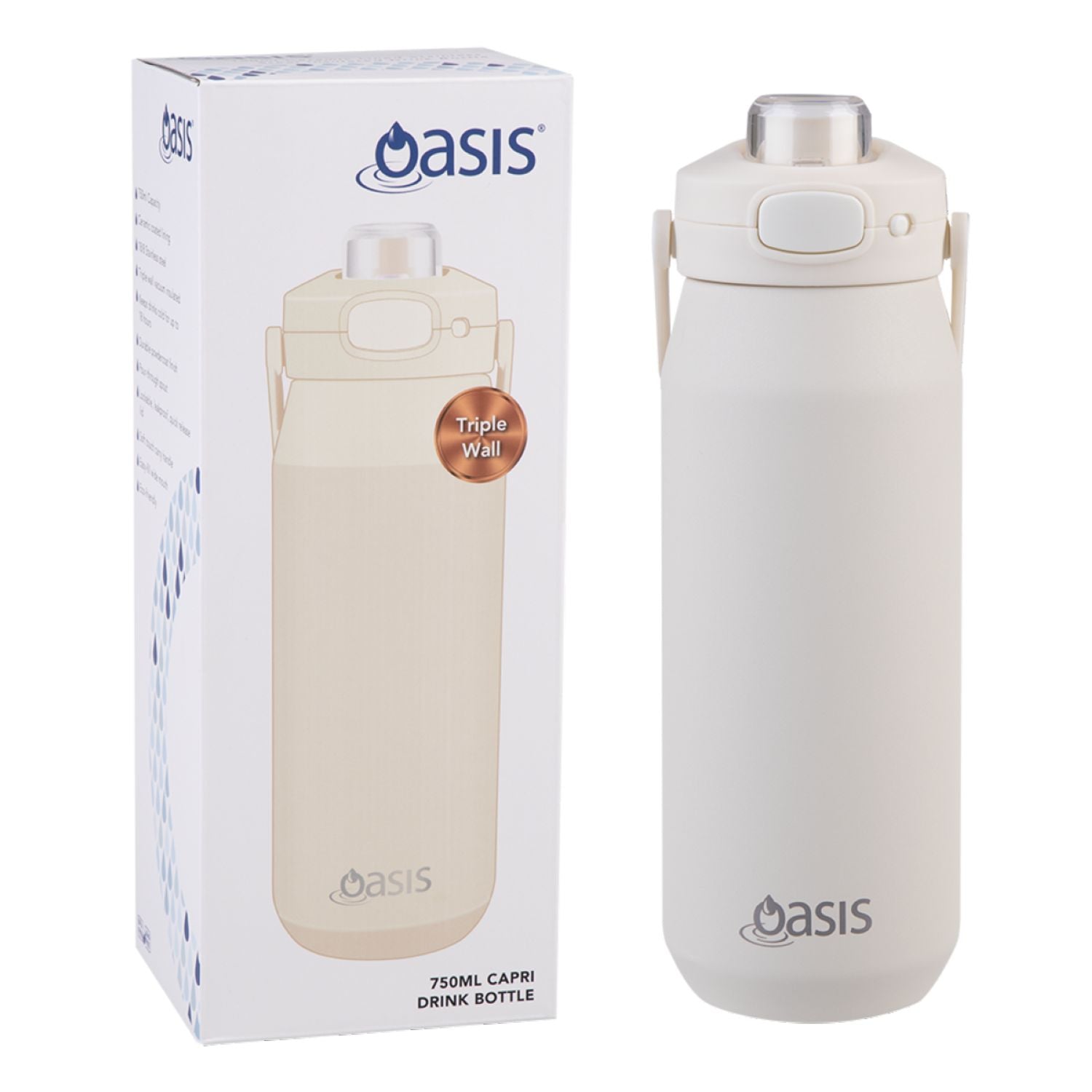 Oasis Ceramic Stainless Steel Triple Wall Capri Quick Release Drink Bottle 750ML - Alabaster