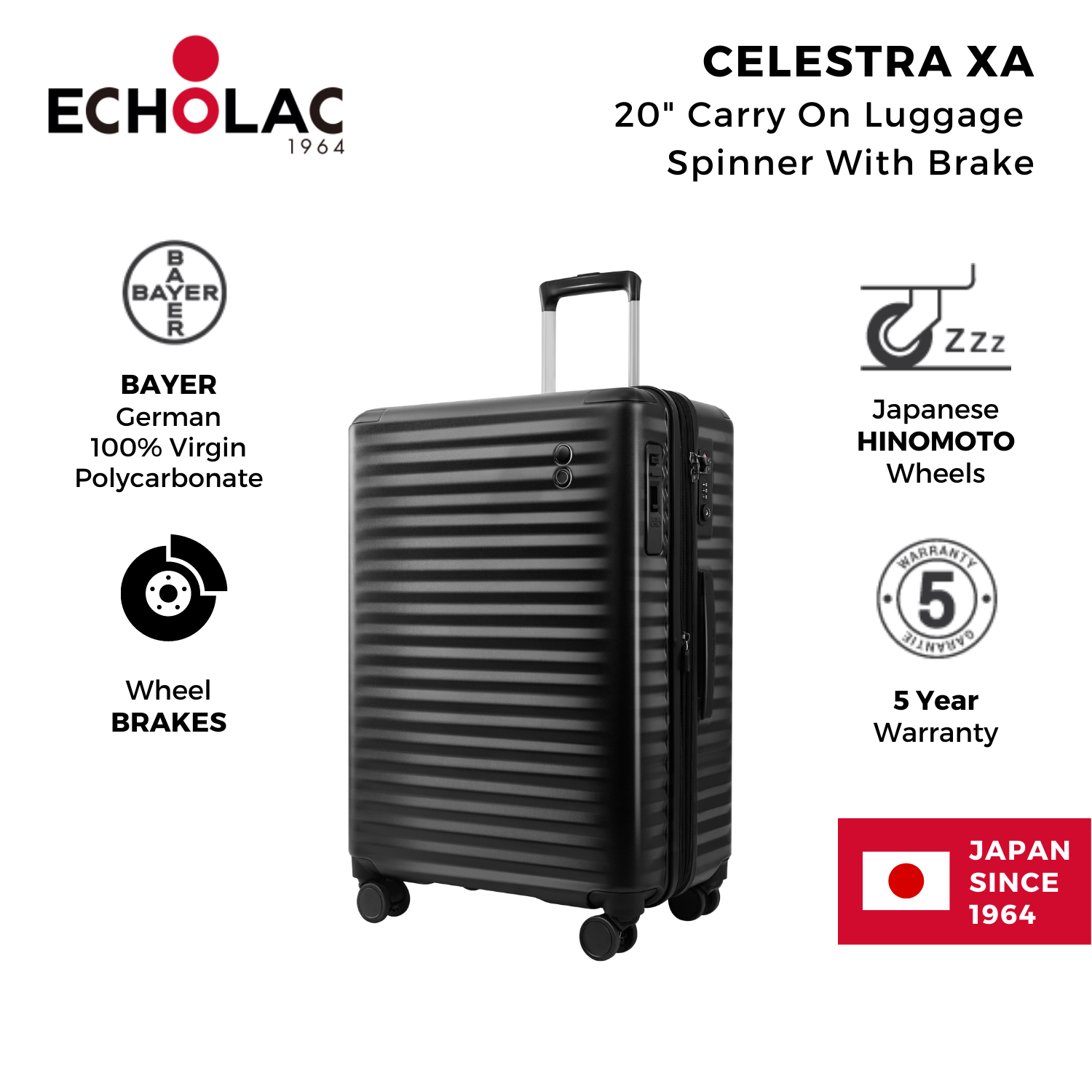 Echolac Celestra XA 20" Carry On Luggage Spinner With Brake (Black)