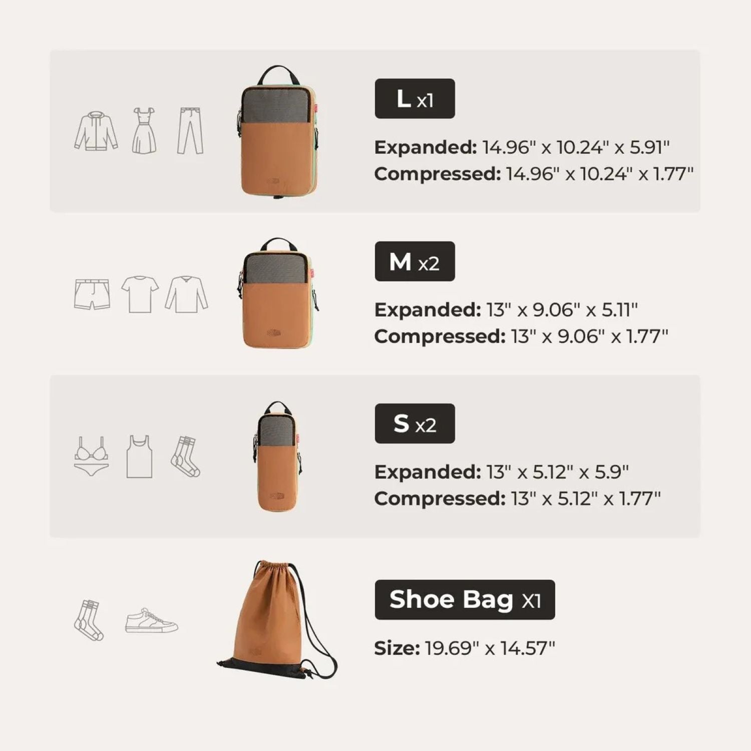 Bagsmart Blast 6-In-1 Compression Packing Cubes (Bran)