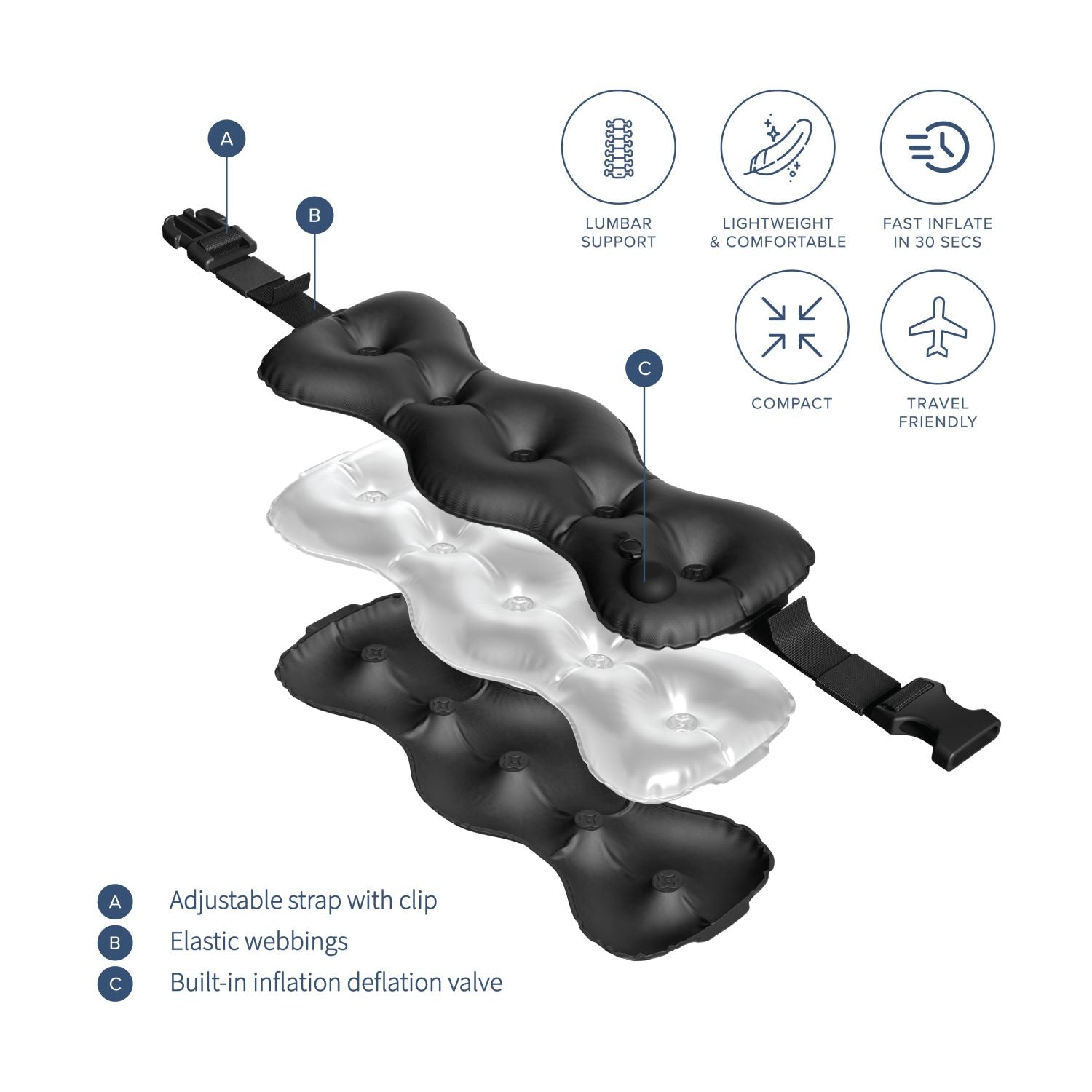 Crossing Inflatable Air Pump Lumbar Back Support Travel Pillow - Black