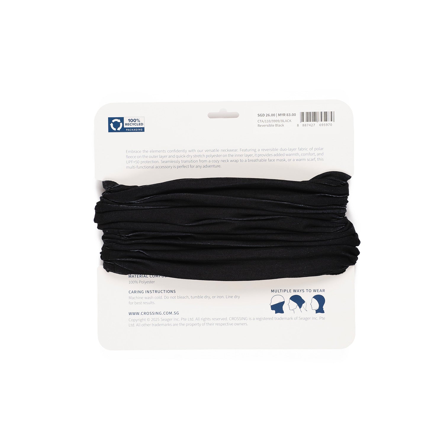 Crossing Polar Fleece Reversible Neck Warmer UPF 50+ Sun Protection - Black