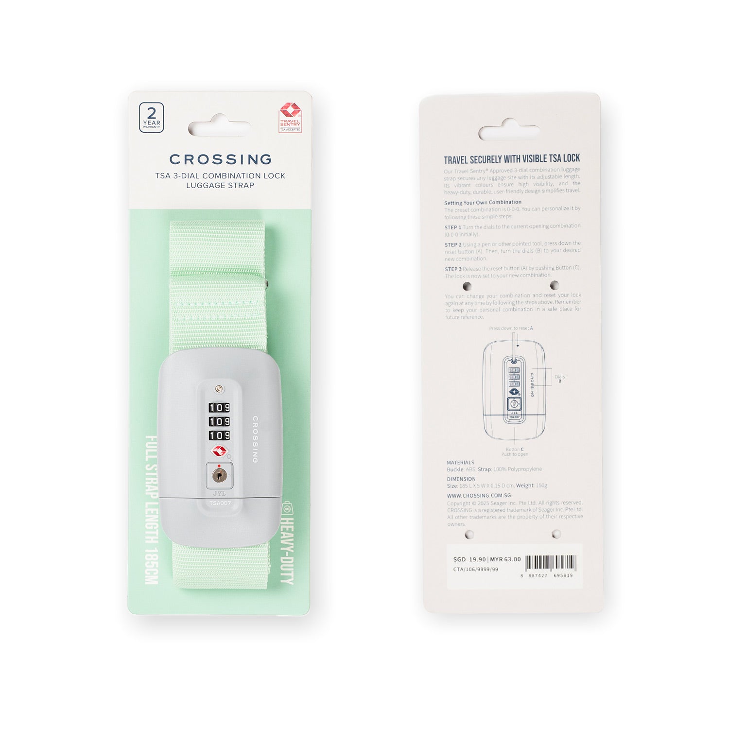 Crossing TSA 3-Dial Combination Lock Luggage Strap - Mint